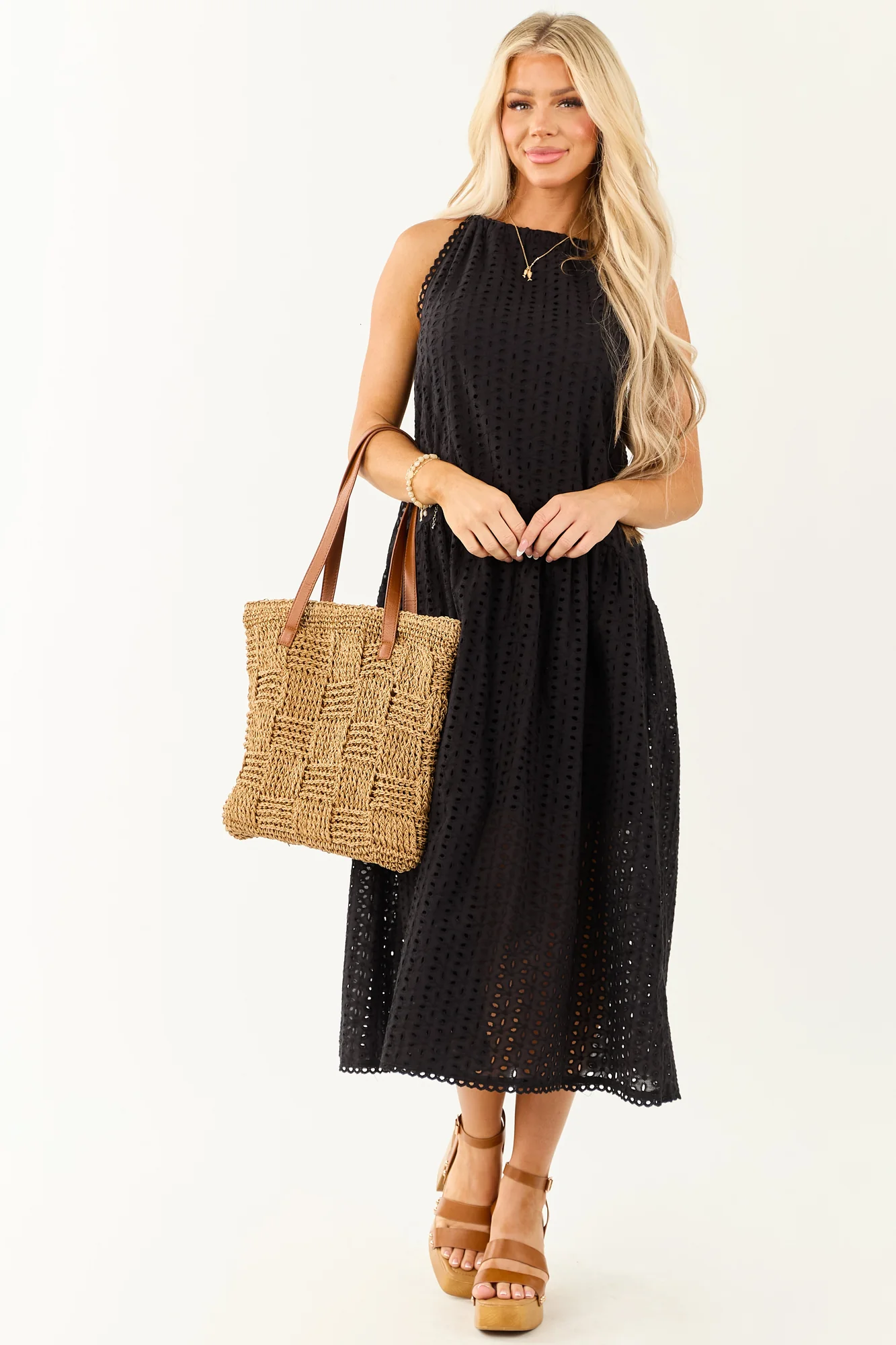 Chic Black Halter Cotton Midi Dress