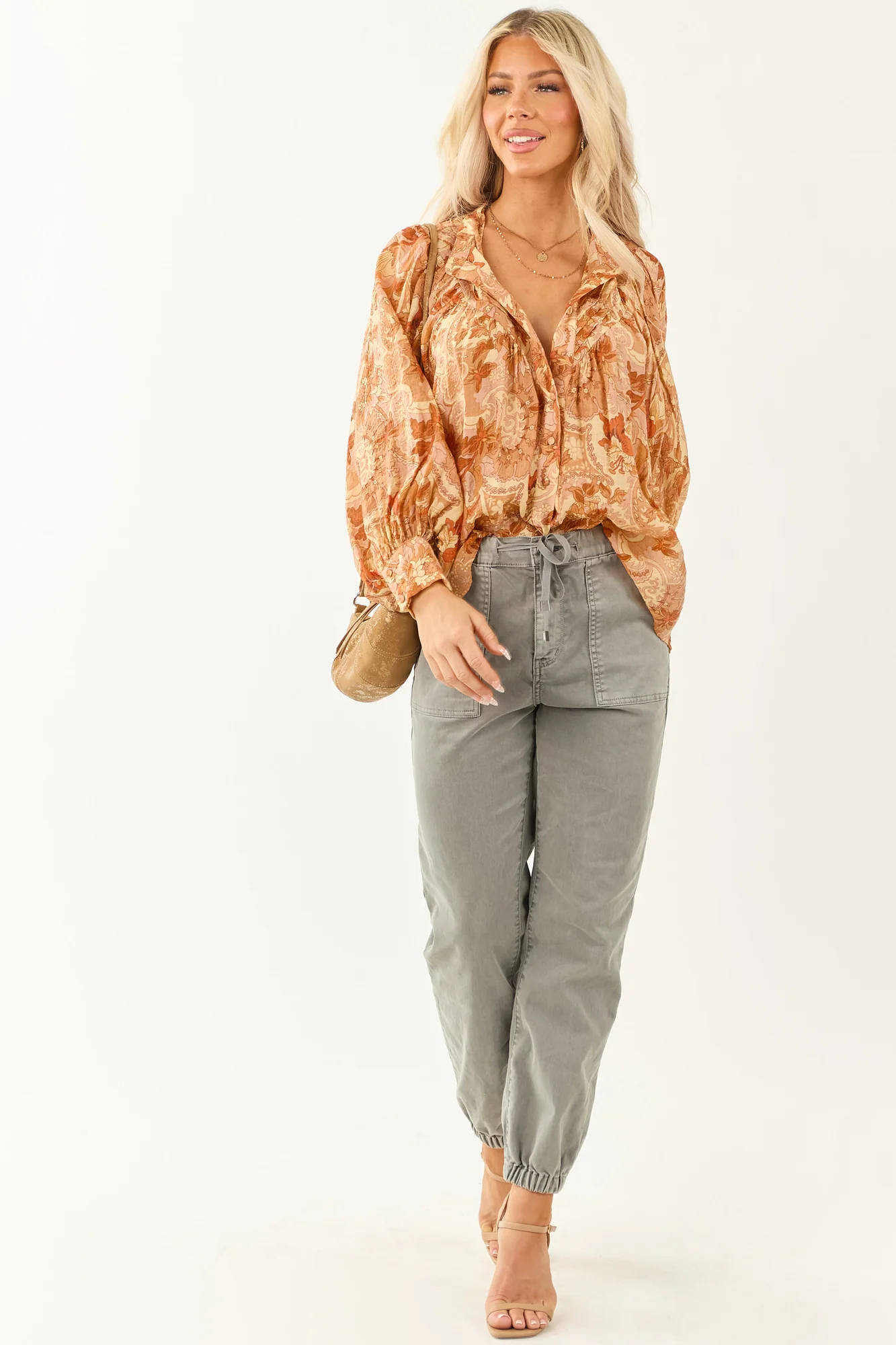 Floral Pleated Buttoned Top in Honeysuckle Tones
