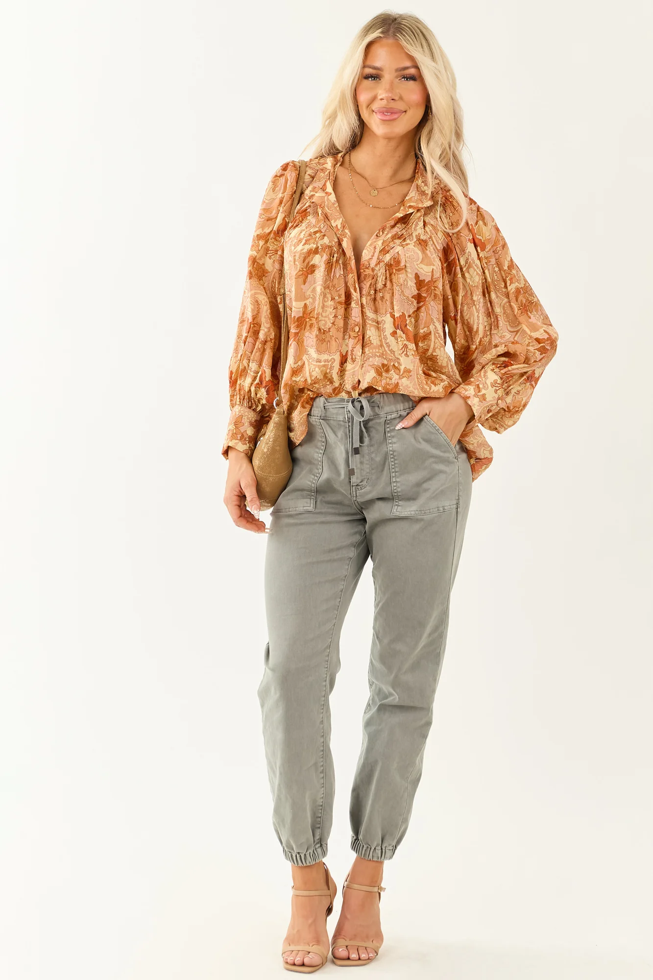 Floral Pleated Buttoned Top in Honeysuckle Tones