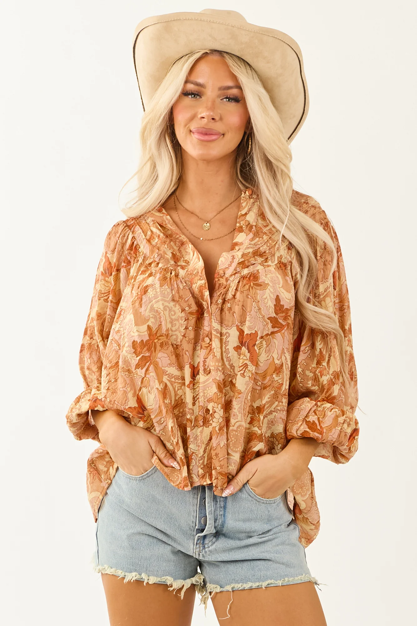 Floral Pleated Buttoned Top in Honeysuckle Tones