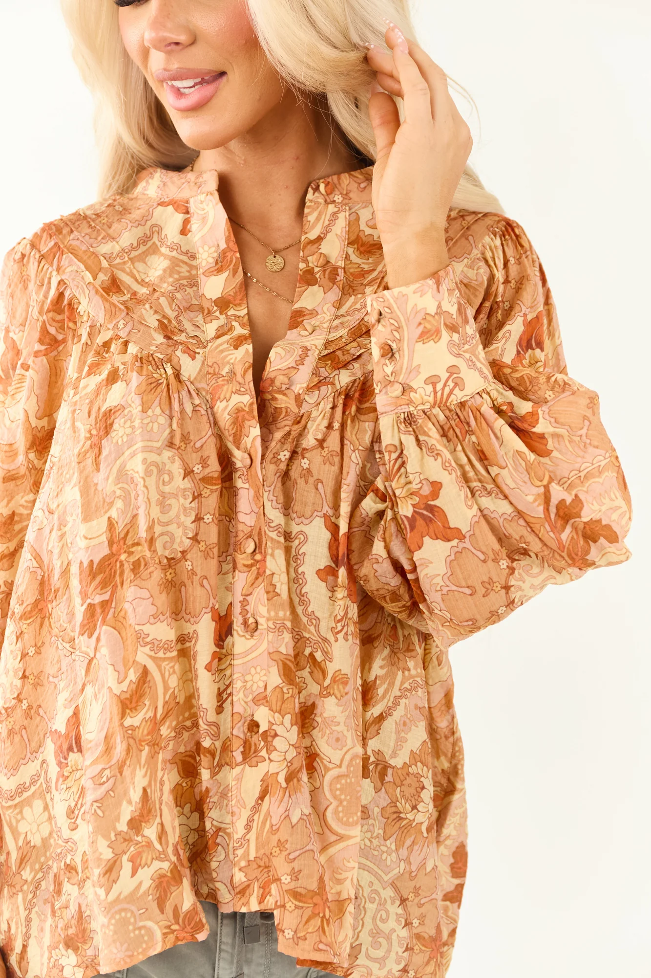 Floral Pleated Buttoned Top in Honeysuckle Tones
