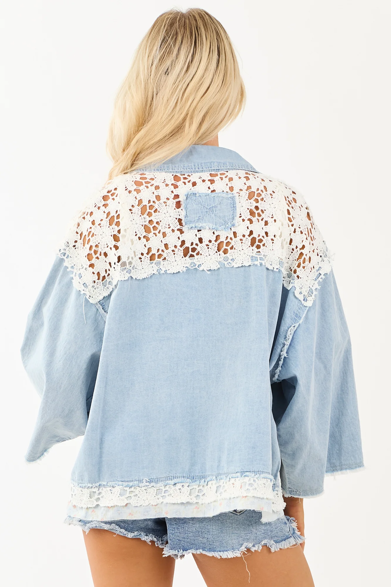 Patchwork Chambray Denim Button Up Shacket in Light Wash