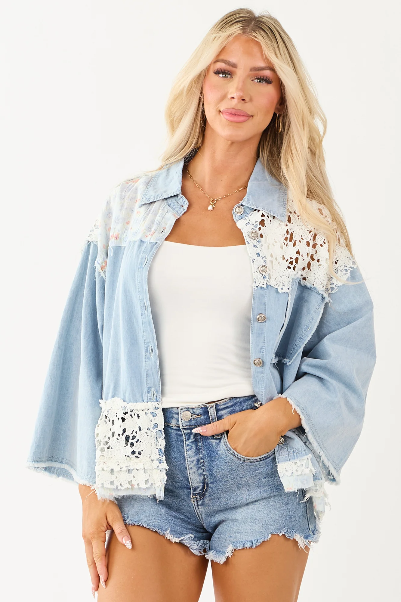 Patchwork Chambray Denim Button Up Shacket in Light Wash