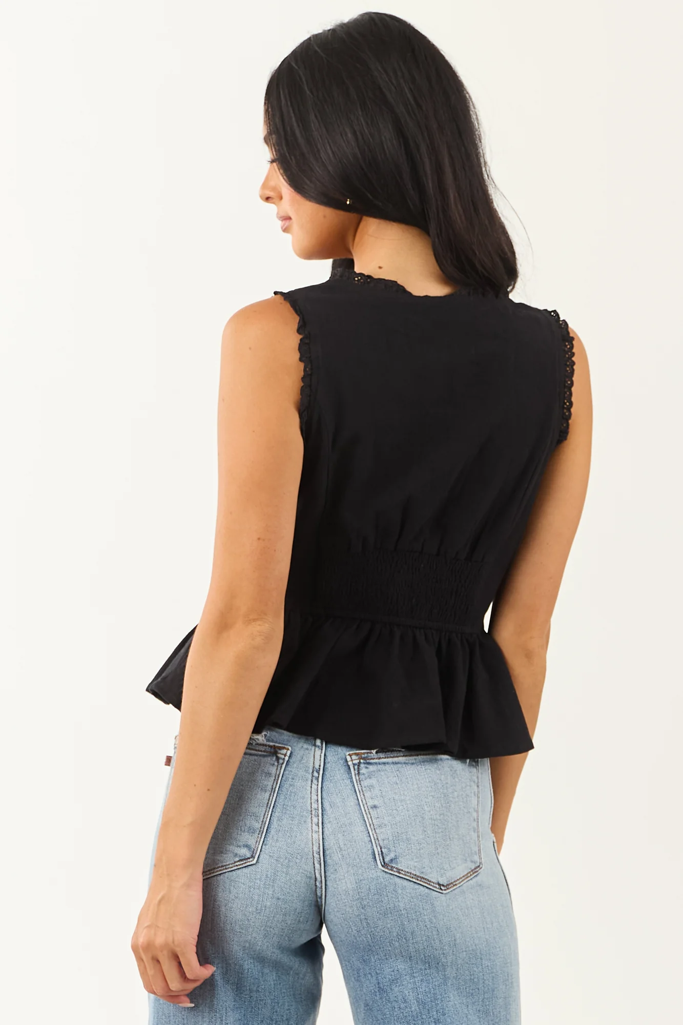 Black Ruffle Cotton Tank Top with Lace Trim