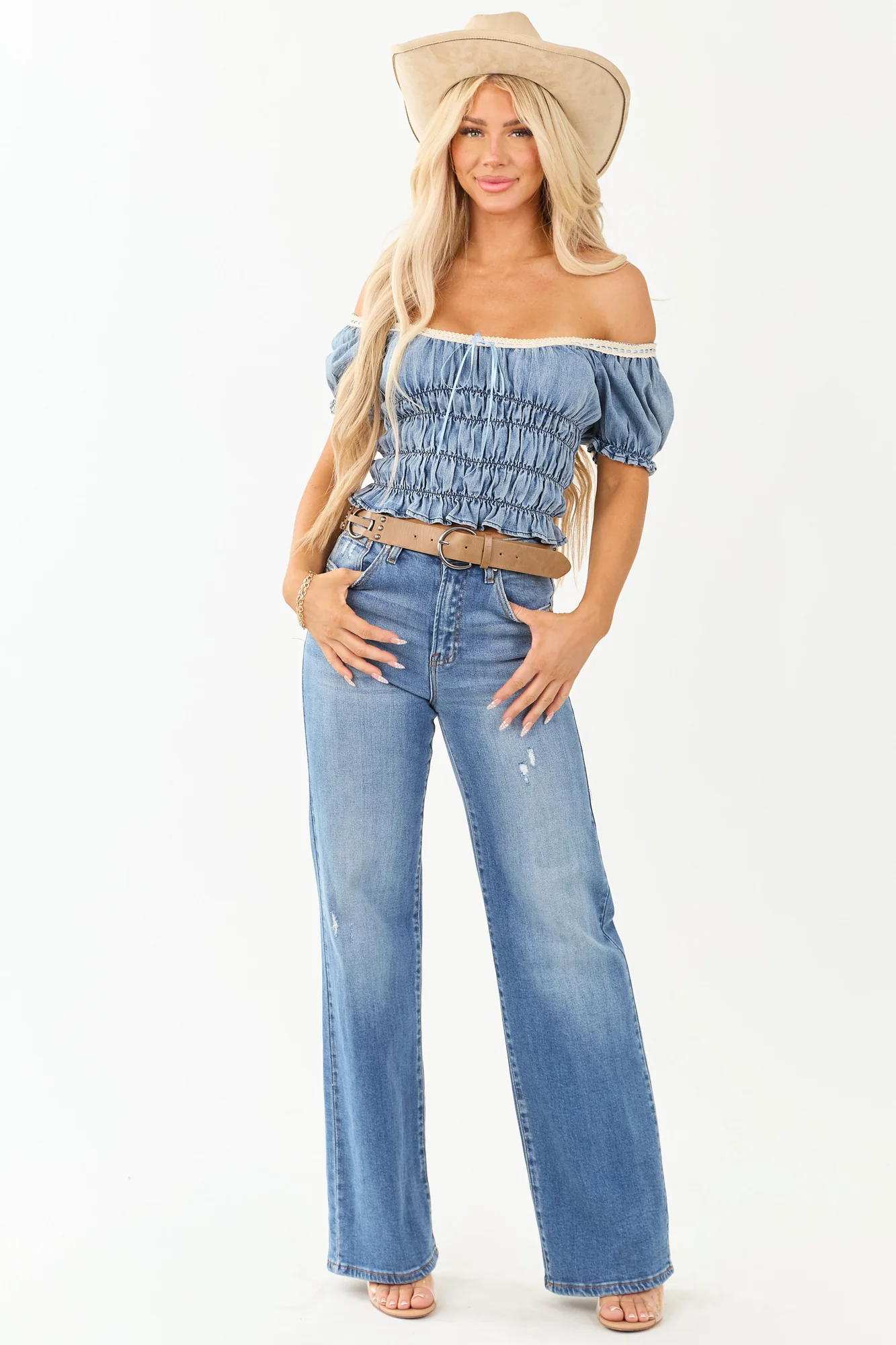 Chambray Smocked Denim Blouse - Puff Sleeve, Breathable Fabric