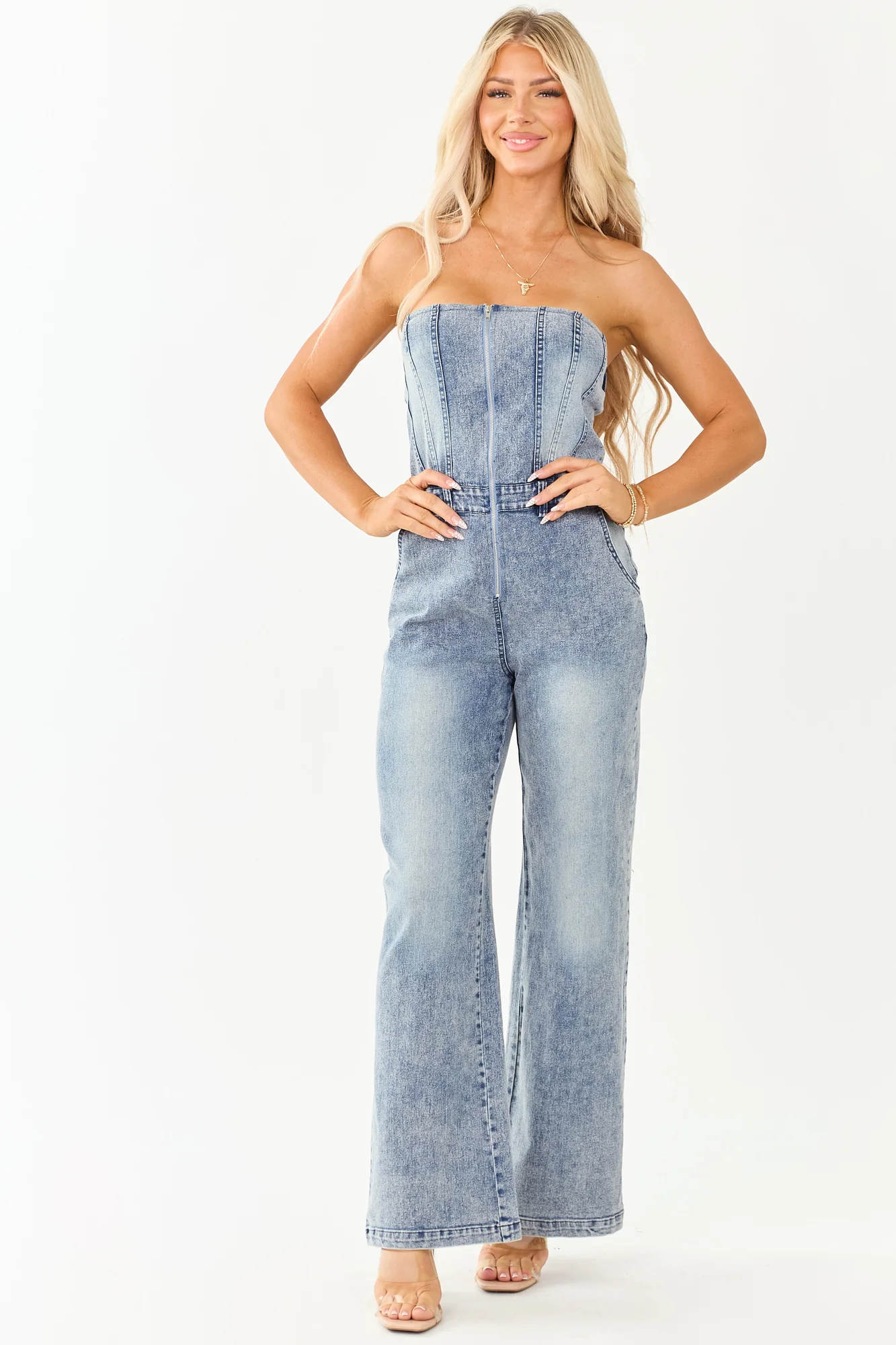 Denim Strapless Wide Leg Jumpsuit Baby Pink