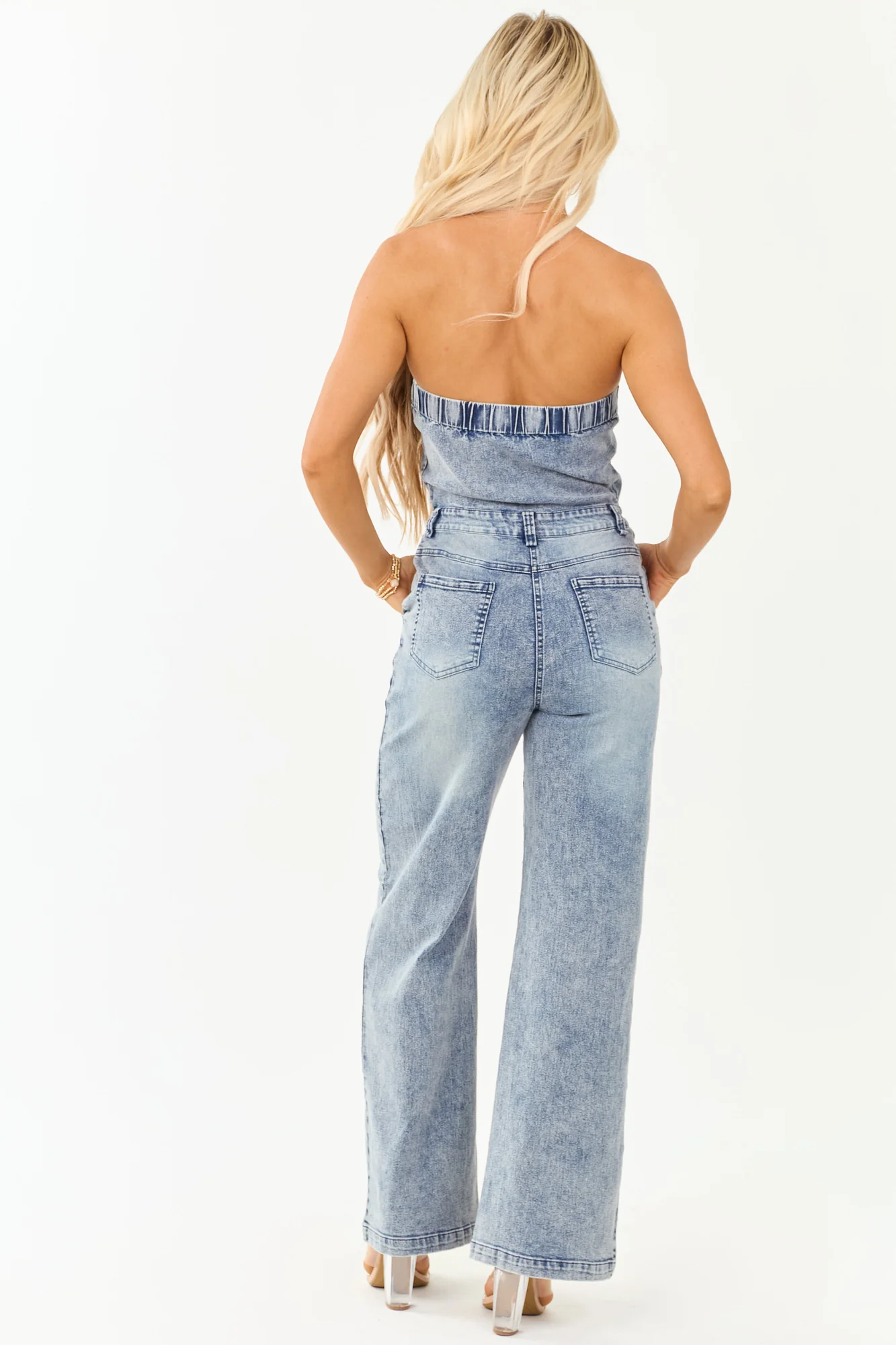 Denim Strapless Wide Leg Jumpsuit Baby Pink