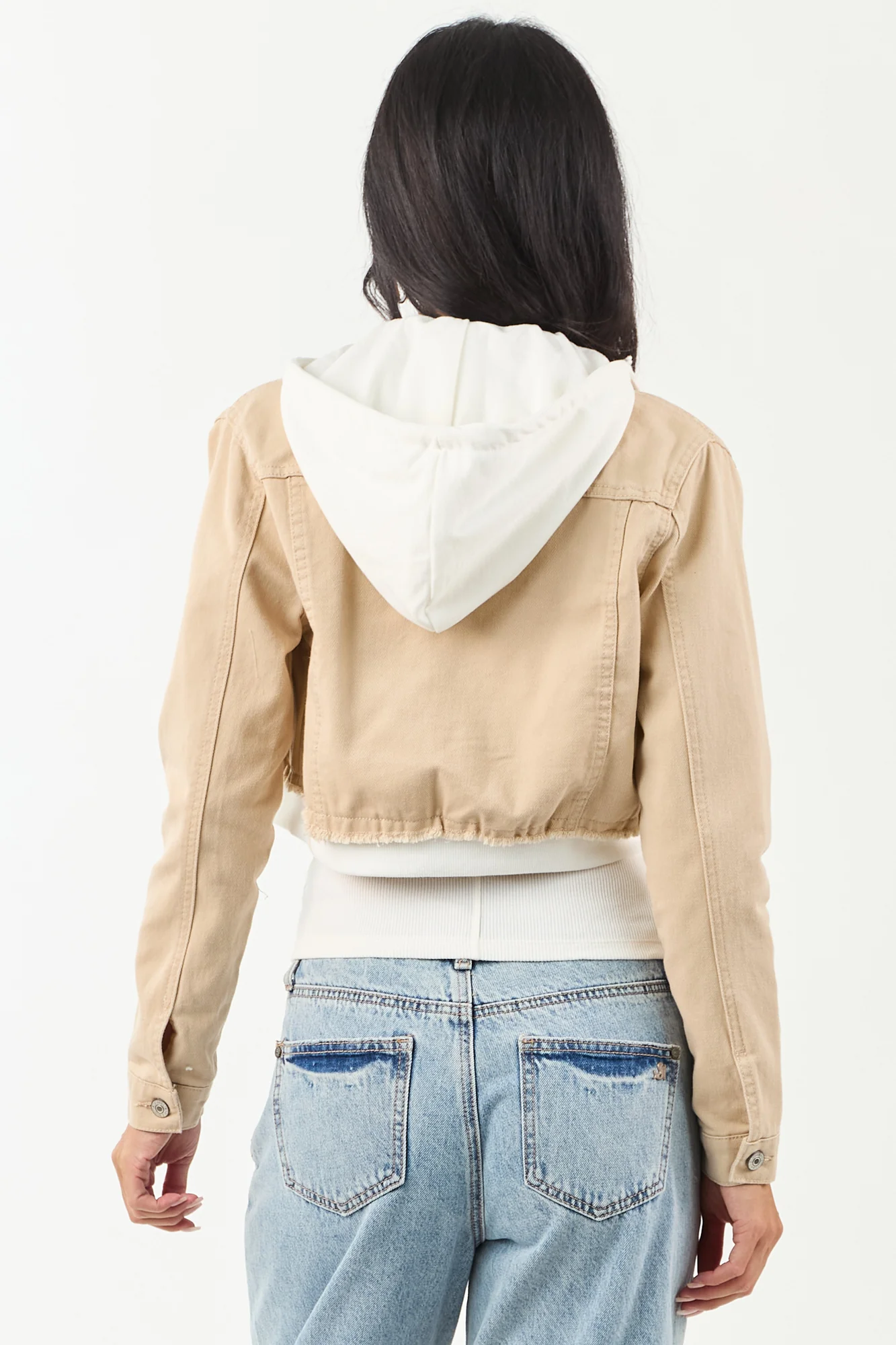 Beige Cotton Denim Hoodie Jacket with Raw Hem