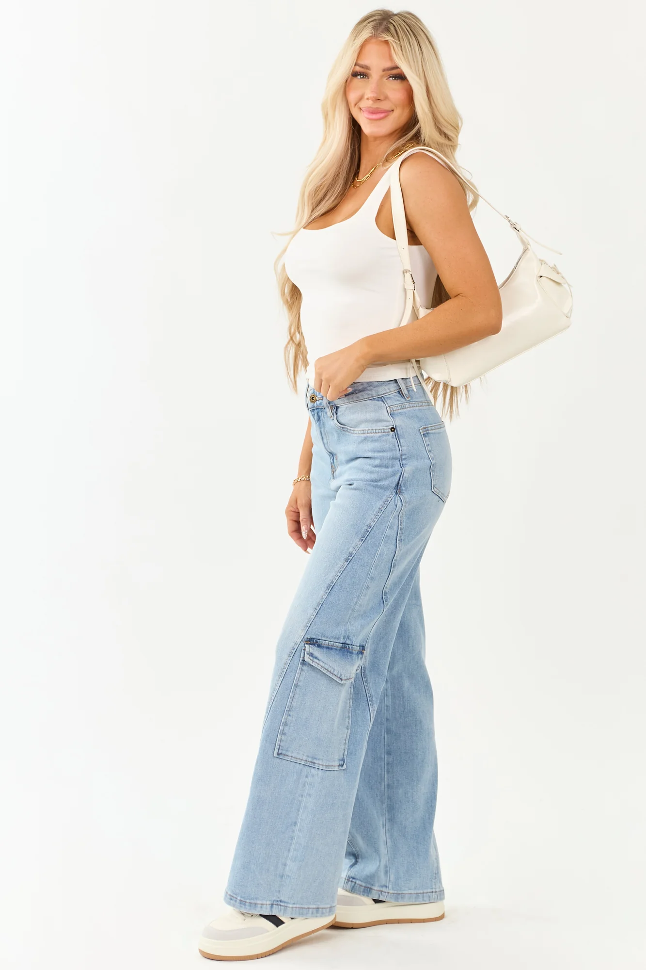 Light Wash Wide Leg Cargo Jeans - Trendy Functional Tall Length