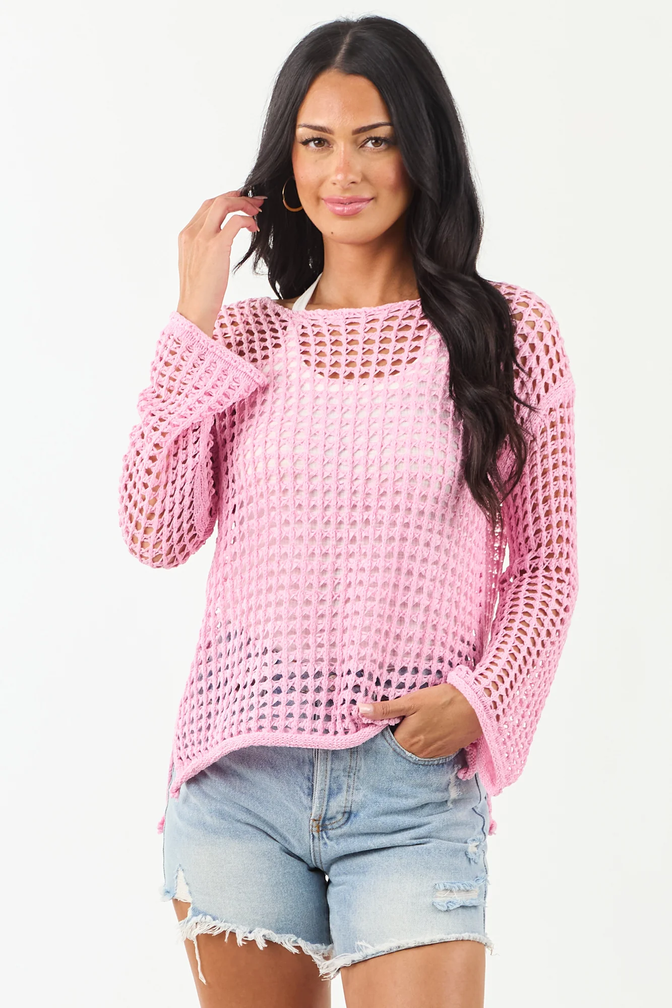 Pink Crochet Knit Relaxed Sweater