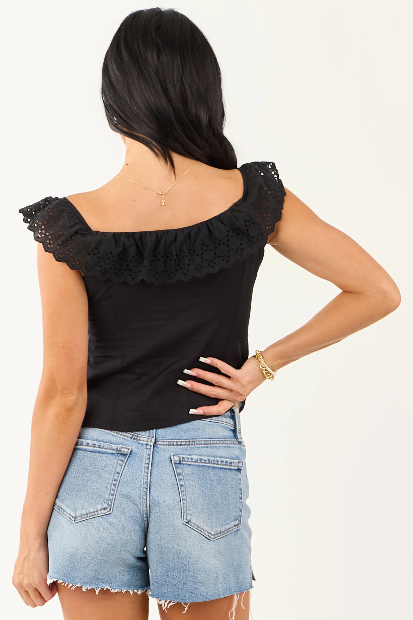 Black Cotton Off Shoulder Buttoned Blouse