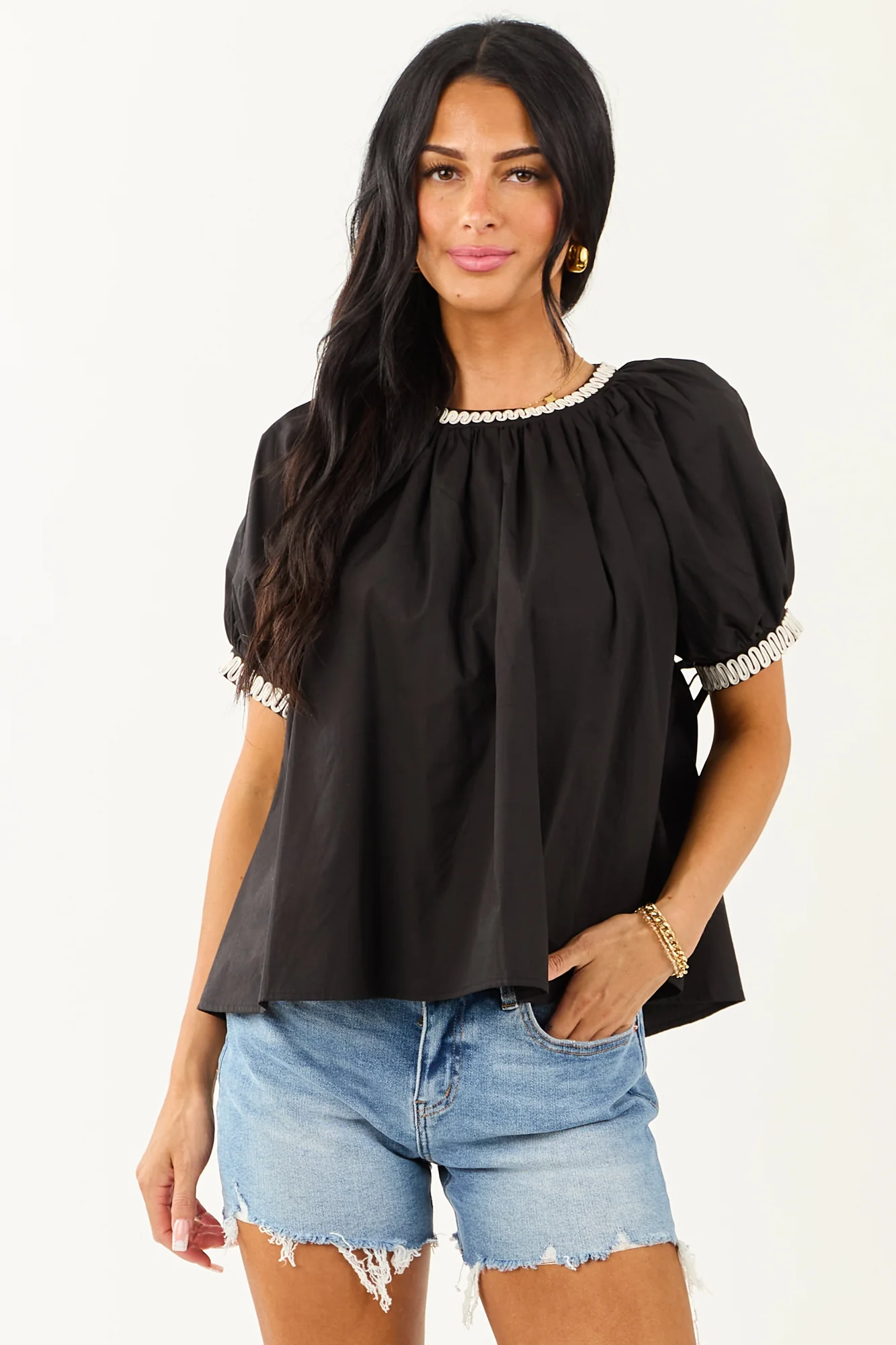 Oversized Cotton Embroidered Top Black Short Sleeve