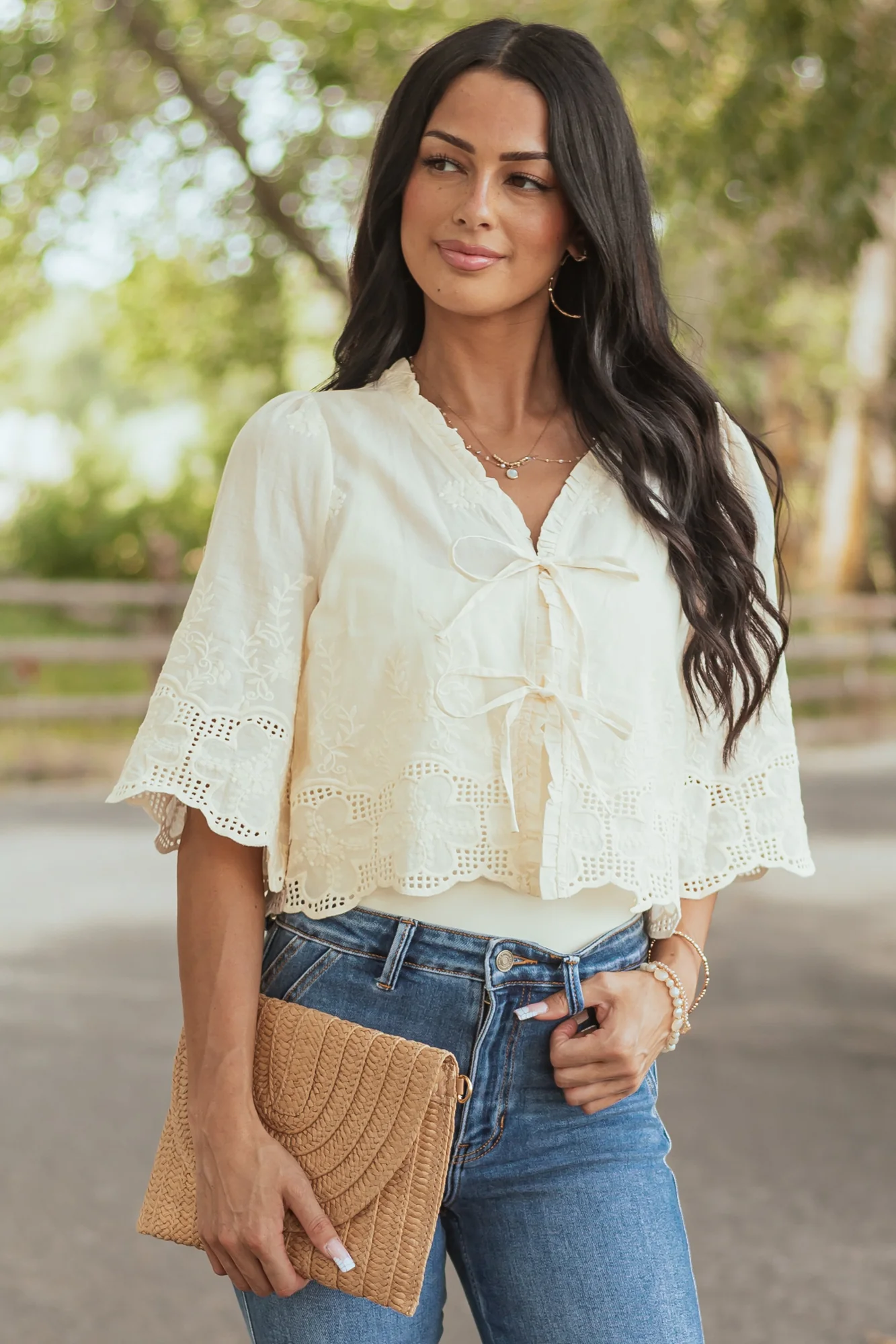 Cream Embroidered Cotton Tie-Front Blouse