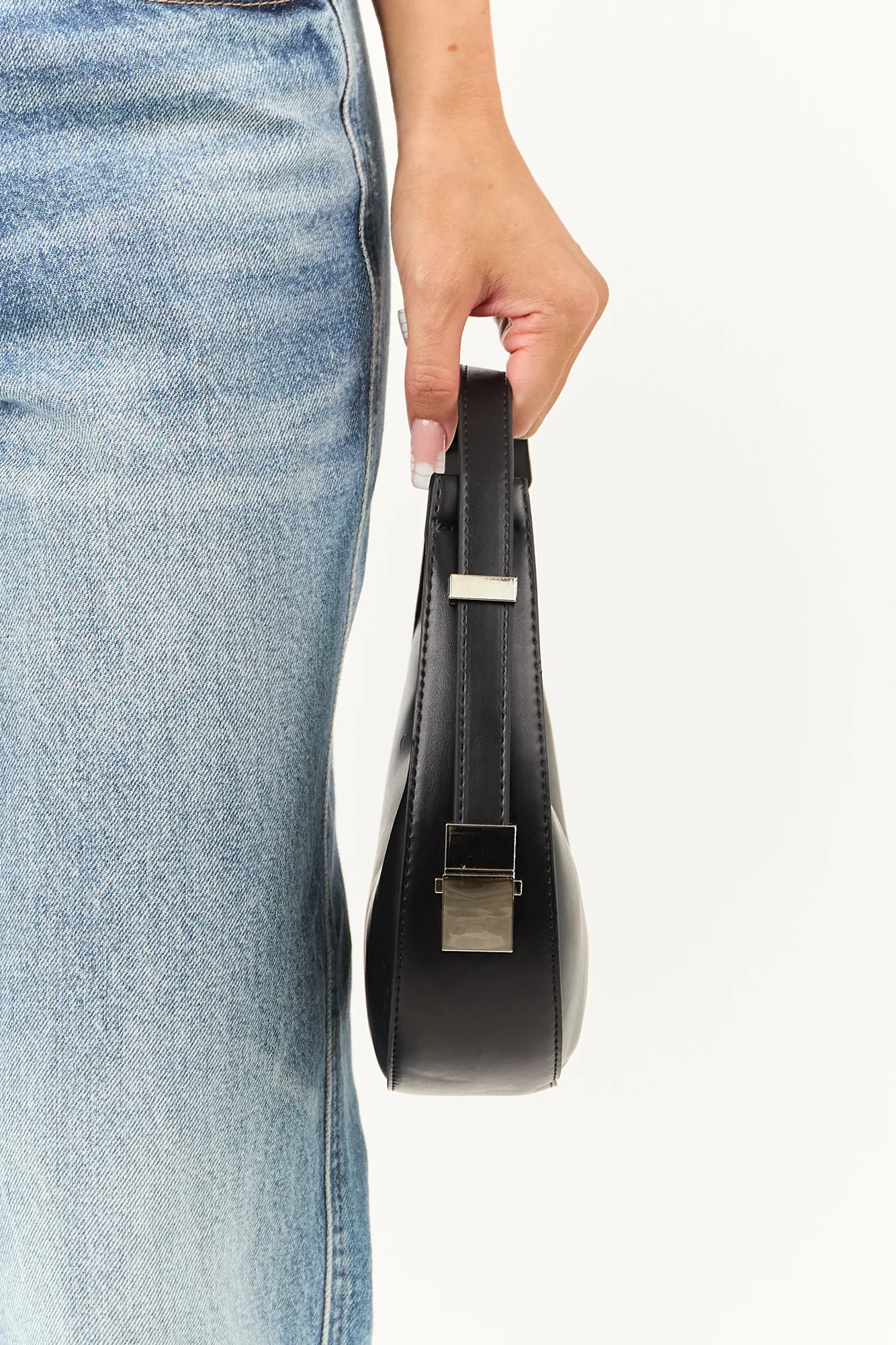 Small Black Faux Leather Half Moon Crossbody Bag