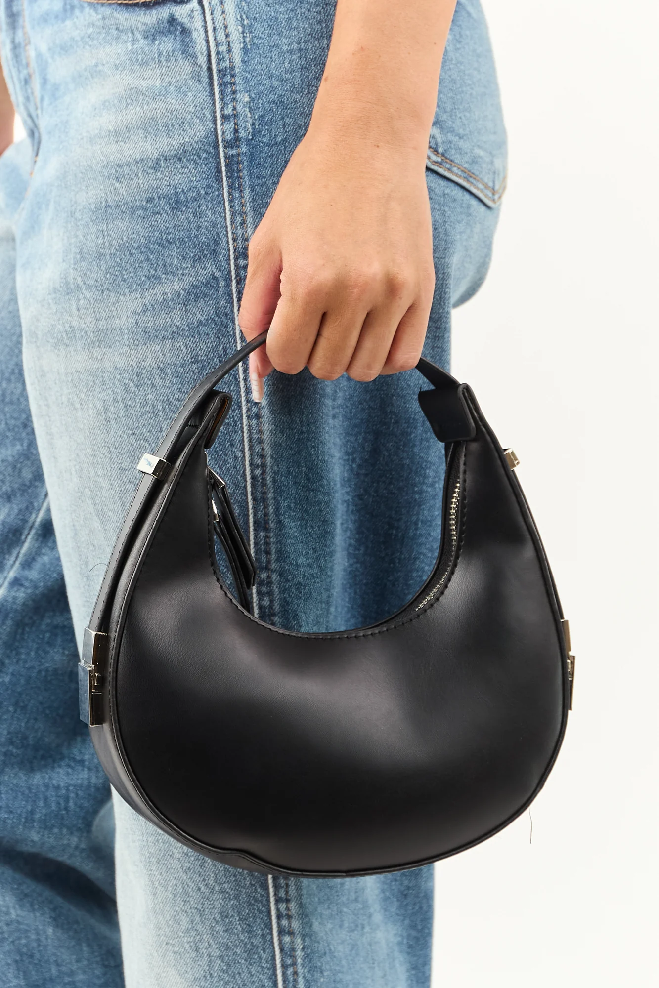 Small Black Faux Leather Half Moon Crossbody Bag