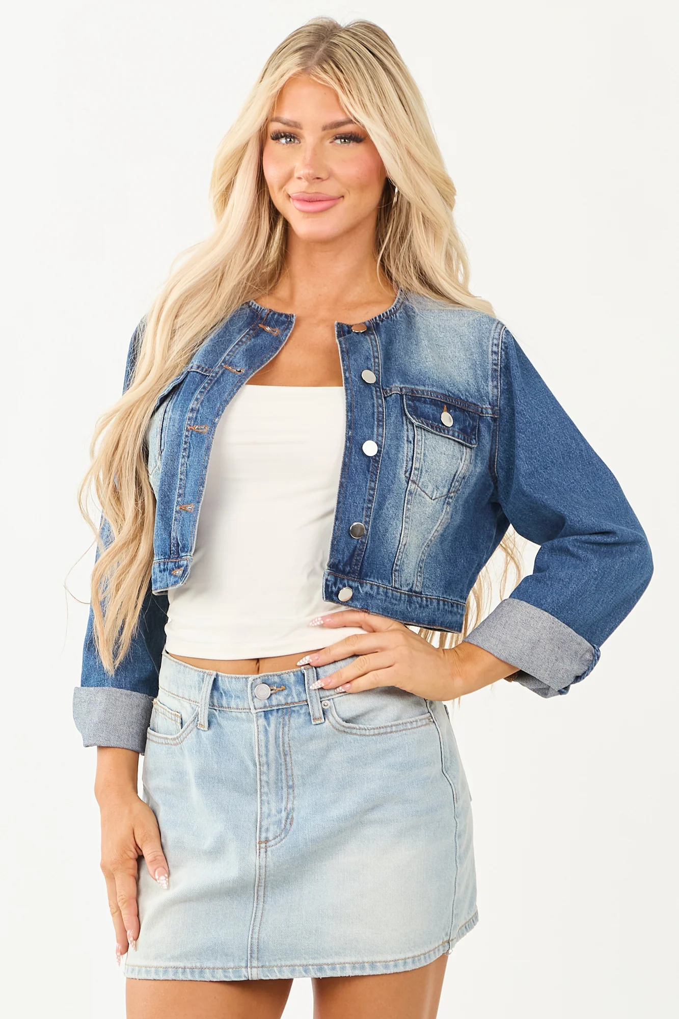 Denim Cropped Jacket in Medium Wash for Modern Edgy Style