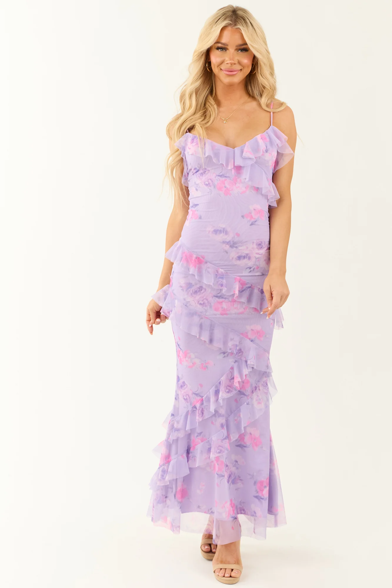 Floral Print Ruffle Mermaid Maxi Dress in Light Lilac