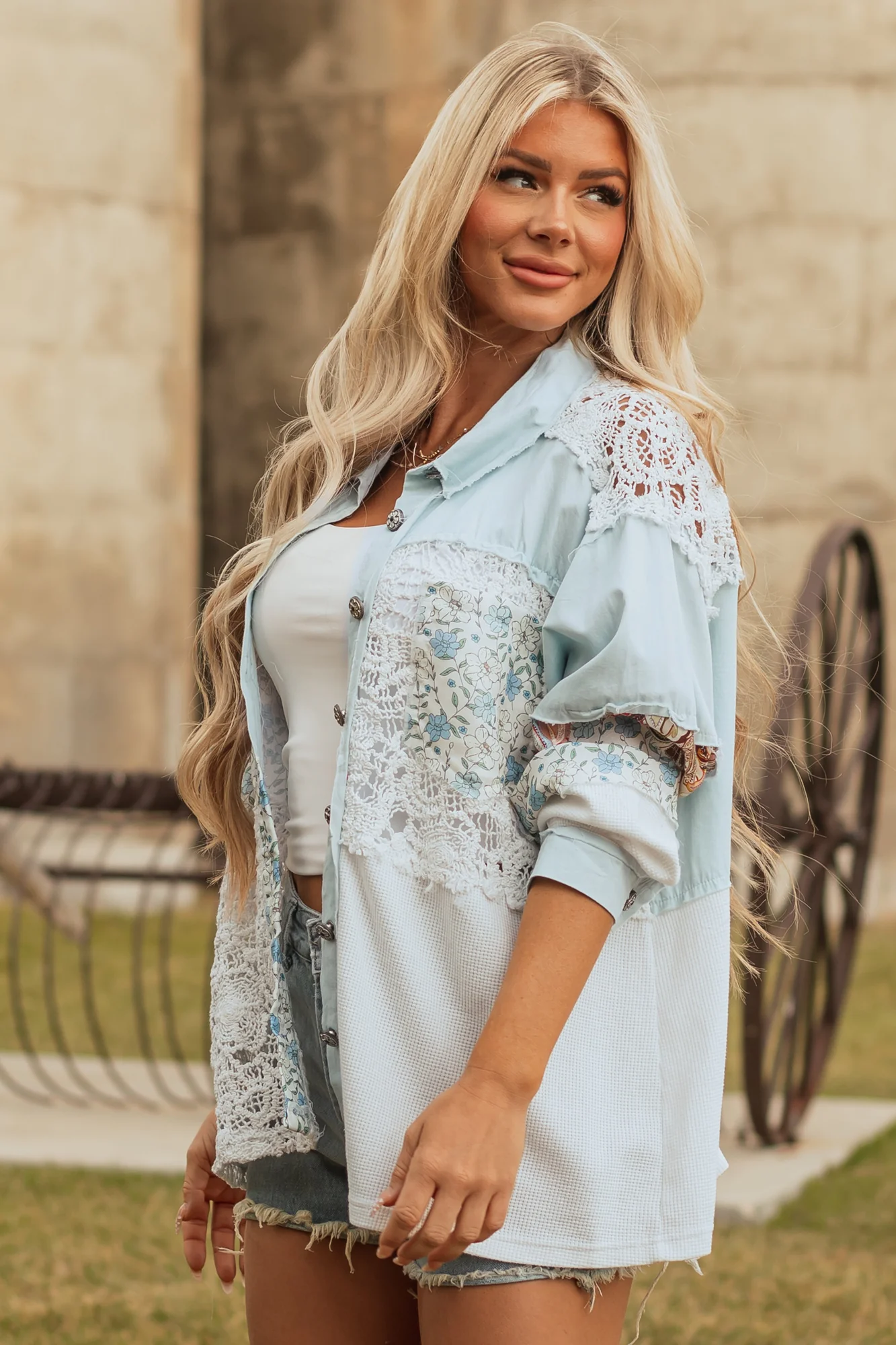 Boho Patchwork Button Down Chambray Top in Light Wash
