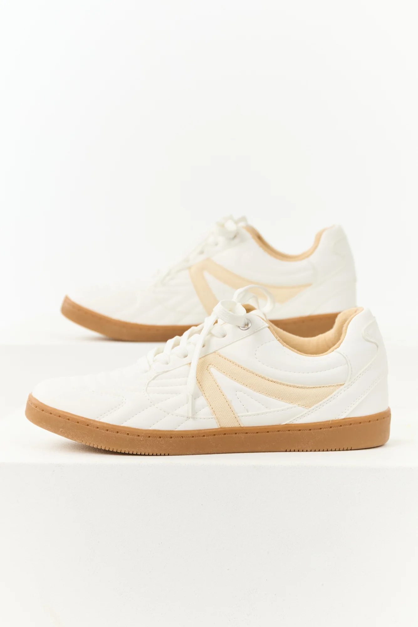 White Low Top Sneakers with Faux Leather Detailing