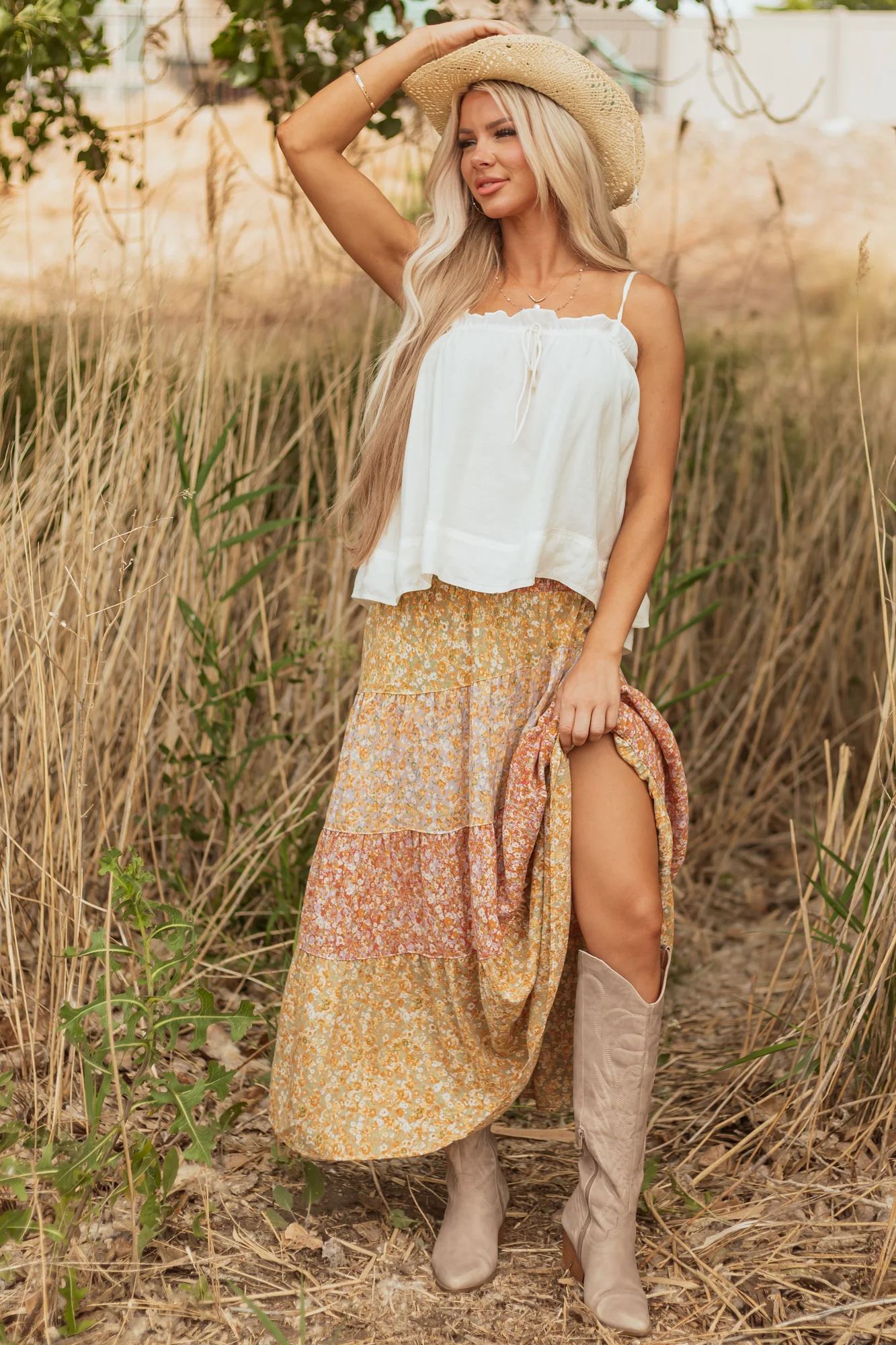 Floral Smocked Waist Maxi Skirt in Pistachio Colorblock Design