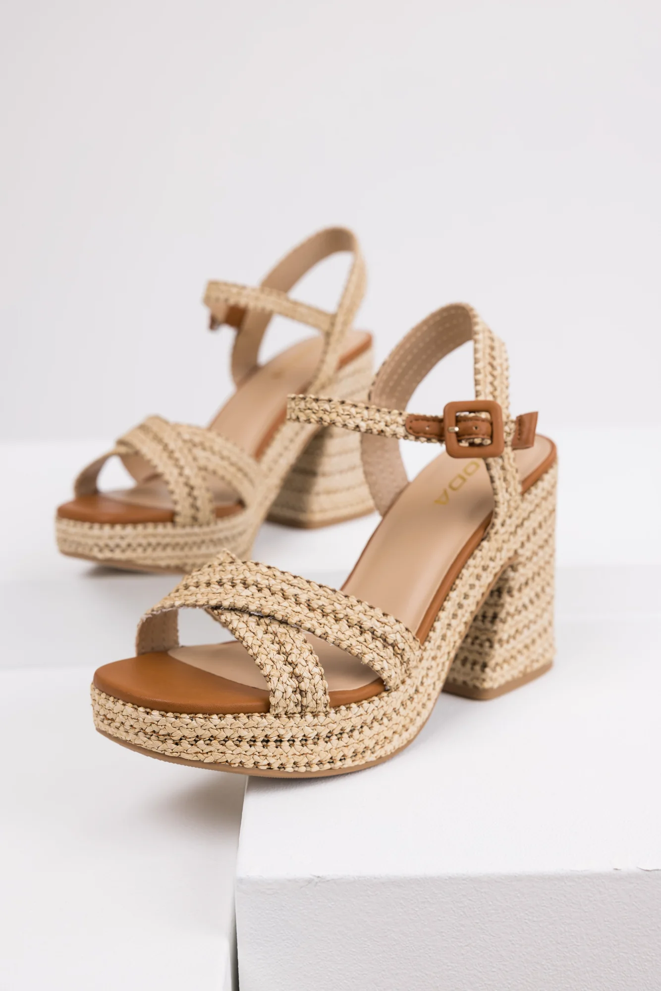Brown Raffia Woven Platform Chunky Heels