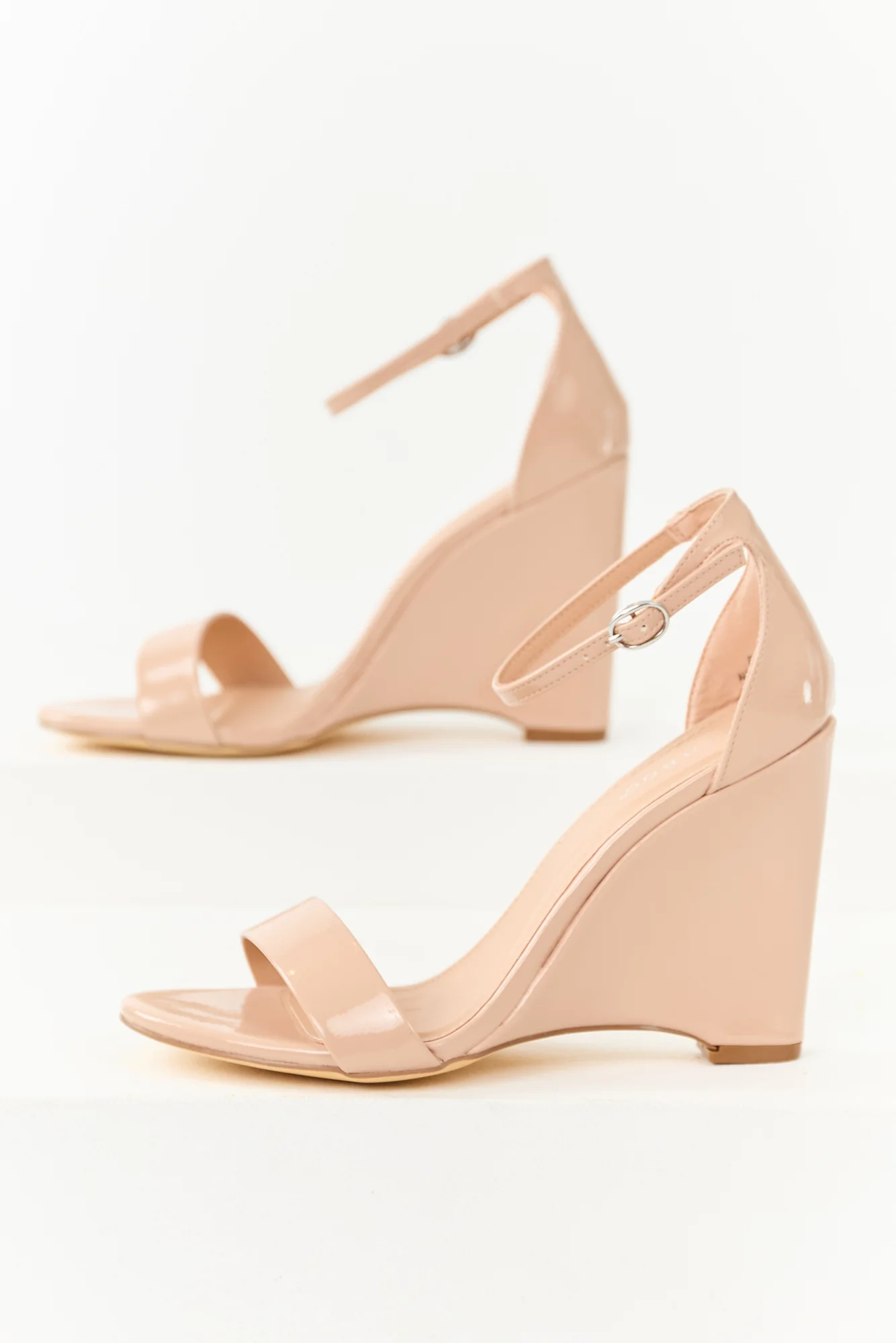 Neutral Ankle Strap Wedges, Faux Leather Heels