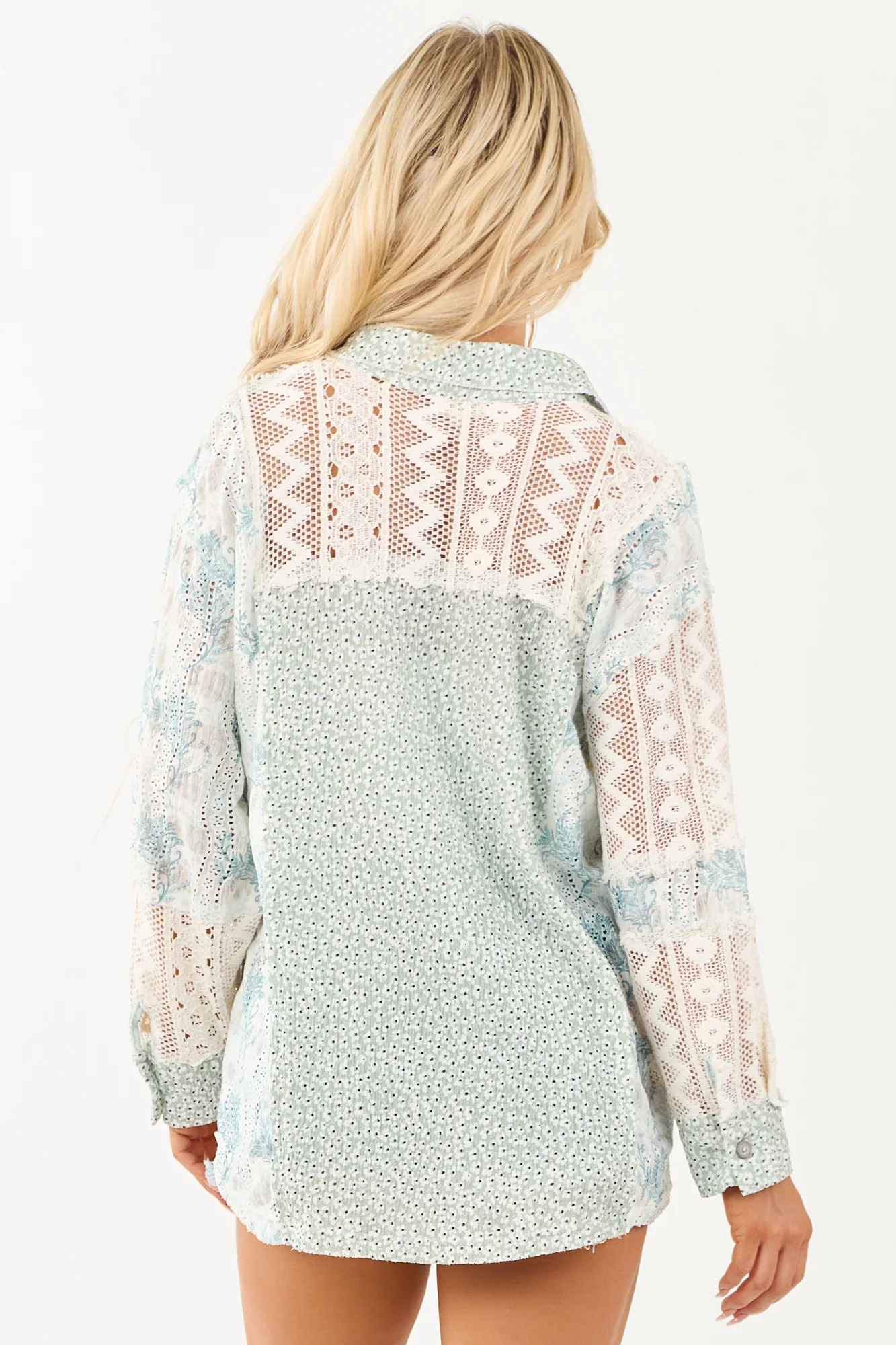 Boho Chic Sage Patchwork Button-Up Top