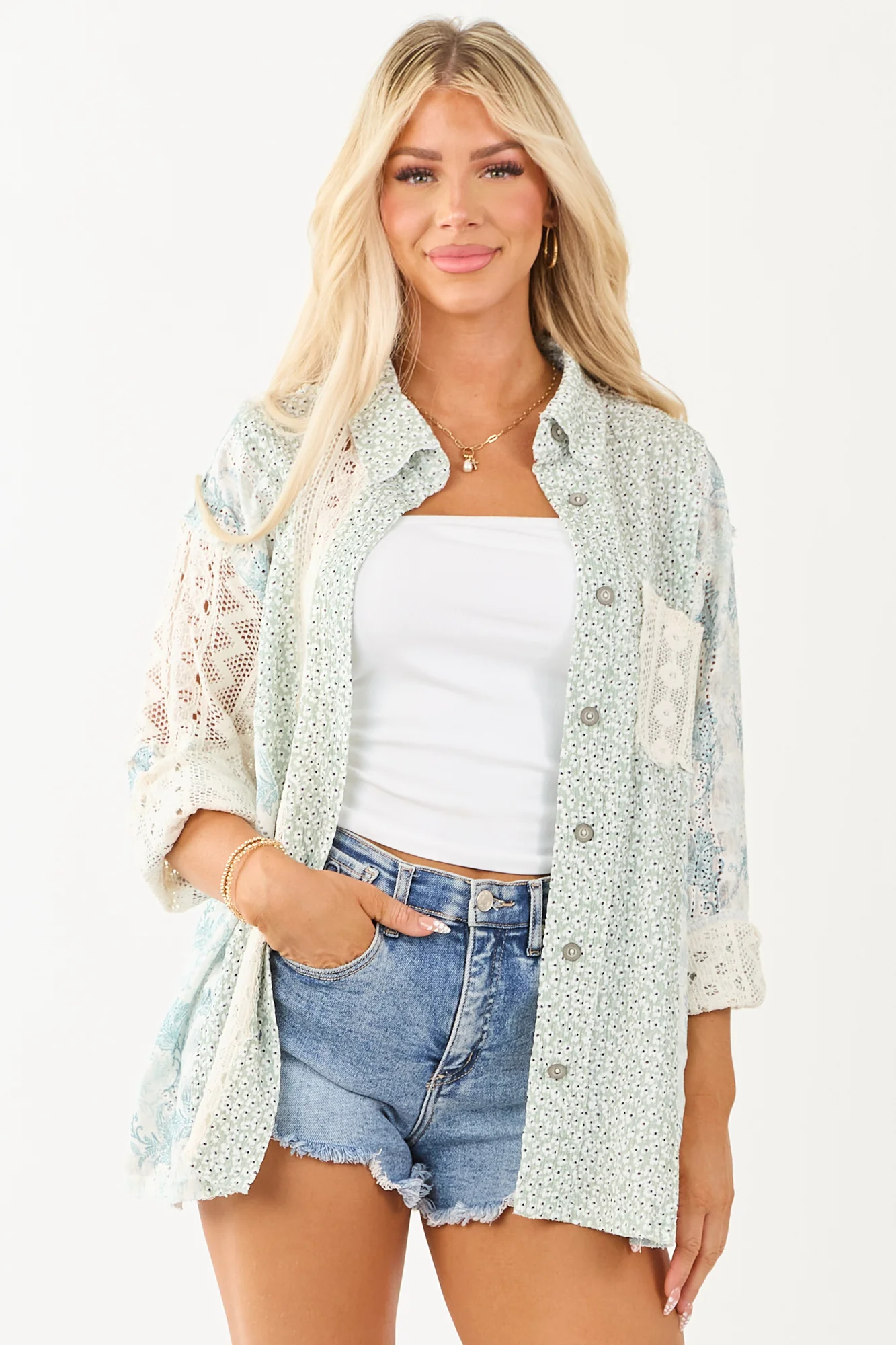 Boho Chic Sage Patchwork Button-Up Top