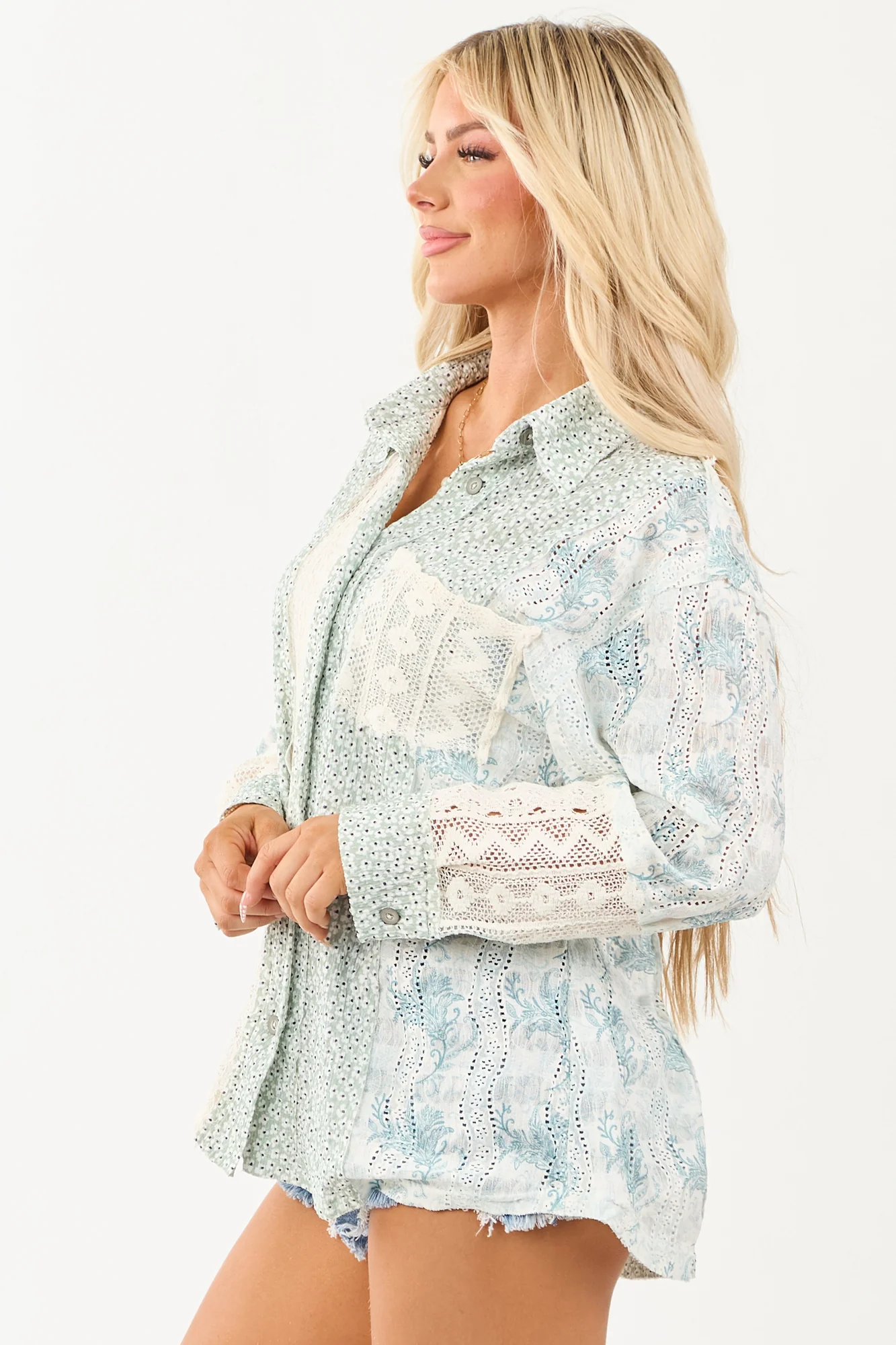 Boho Chic Sage Patchwork Button-Up Top