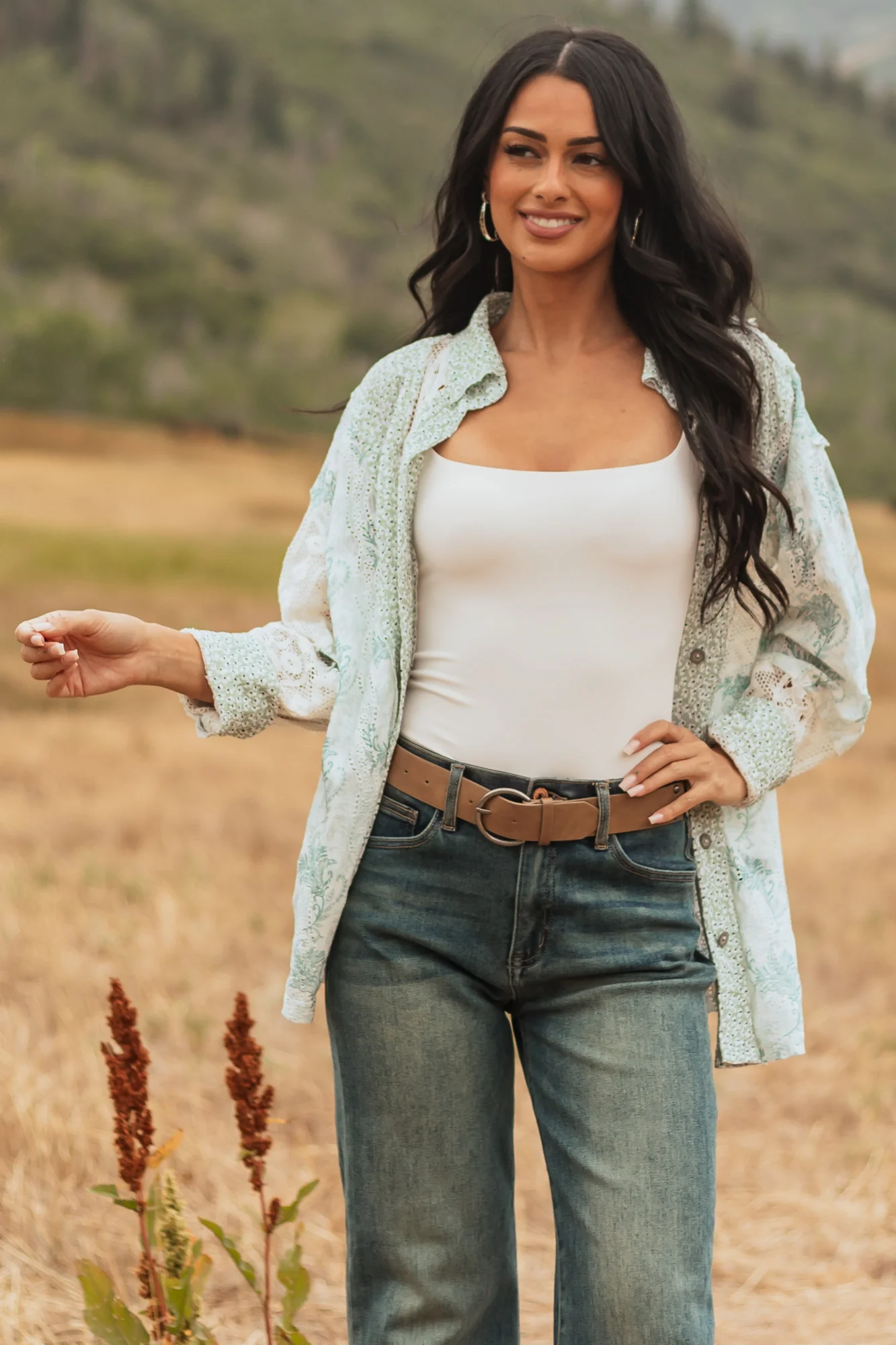 Boho Chic Sage Patchwork Button-Up Top