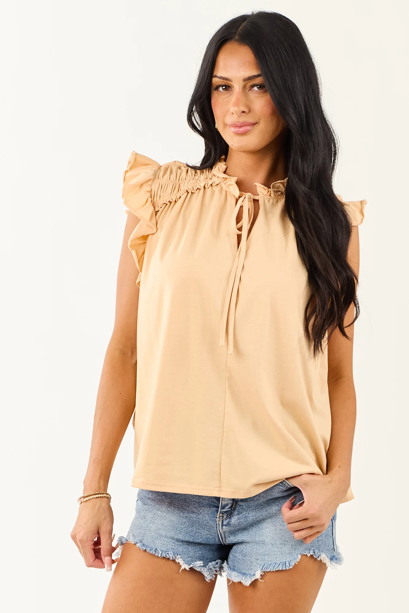 Flowy Ruffled V-Neck Top with Cap Sleeves
