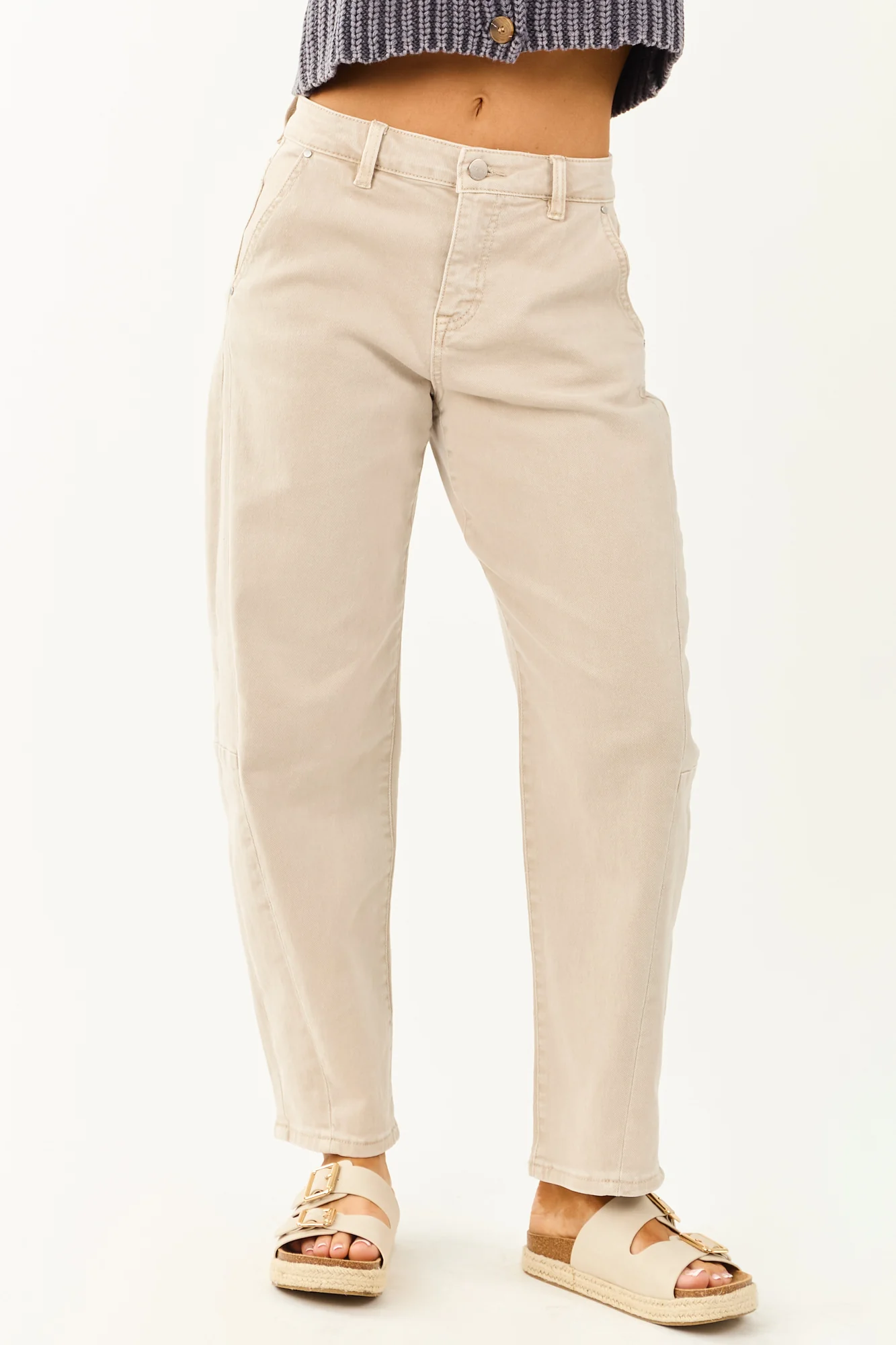 Cuffed Barrel Stretchy High Rise Jeans in Almond Color
