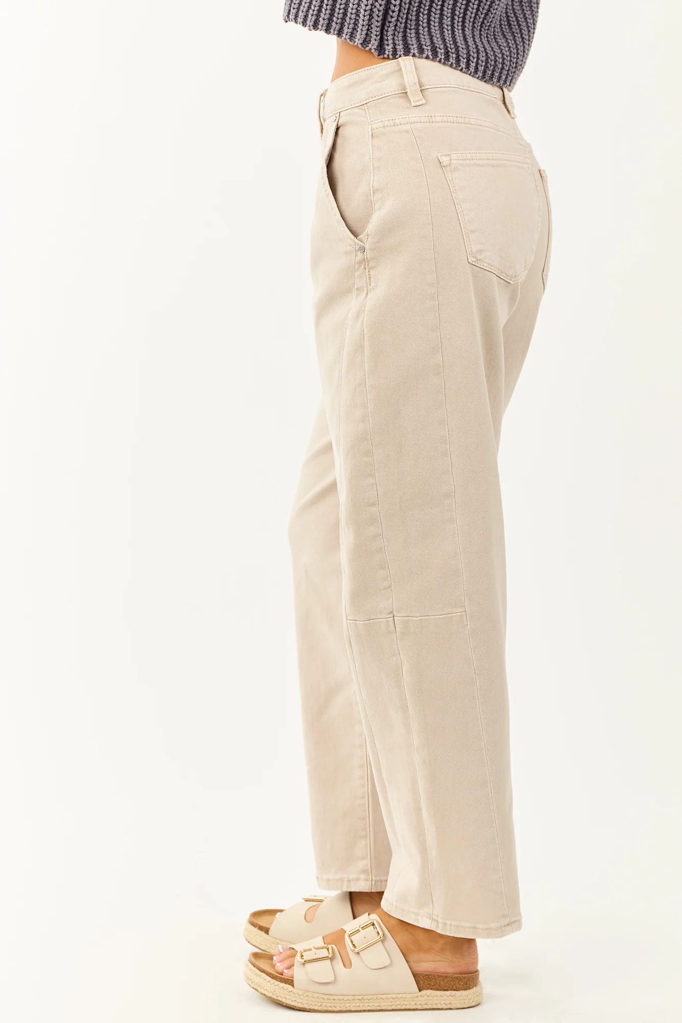 Cuffed Barrel Stretchy High Rise Jeans in Almond Color