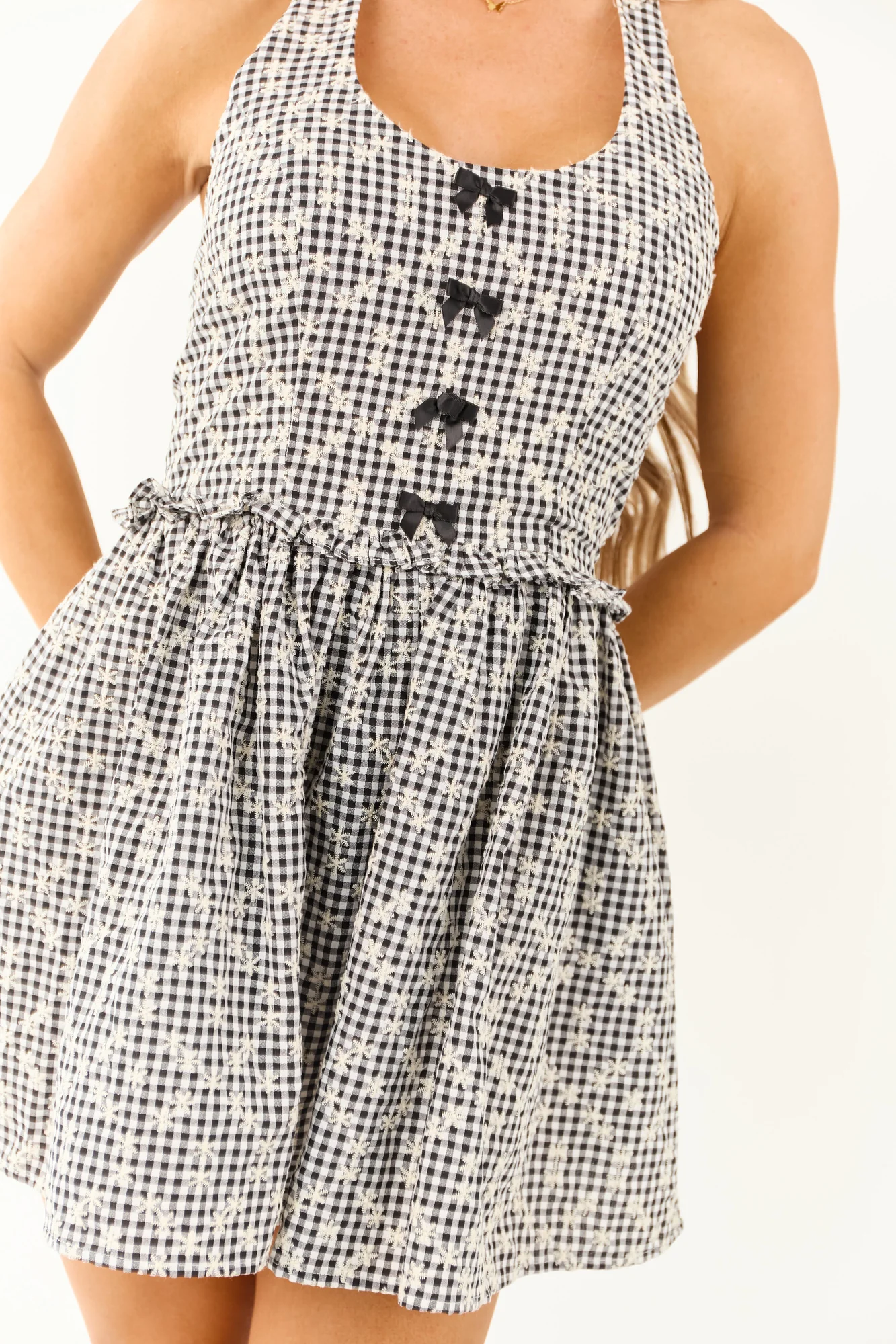 Embroidered Gingham A-Line Mini Dress in Black and Off White