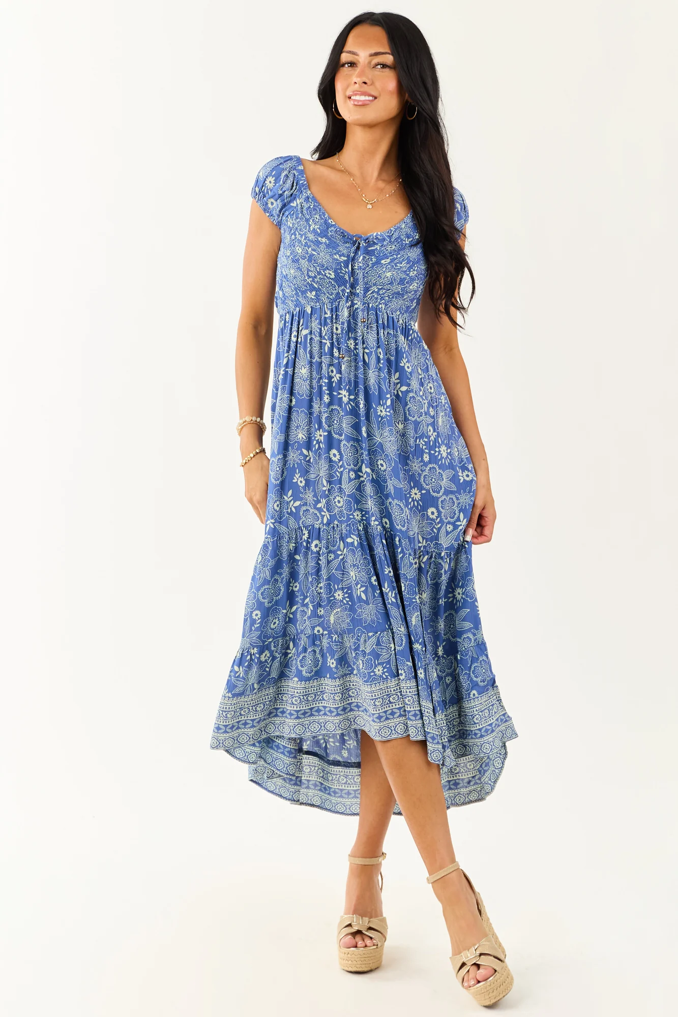 Vintage Dusty Blue Smocked Cap Sleeve Midi Dress