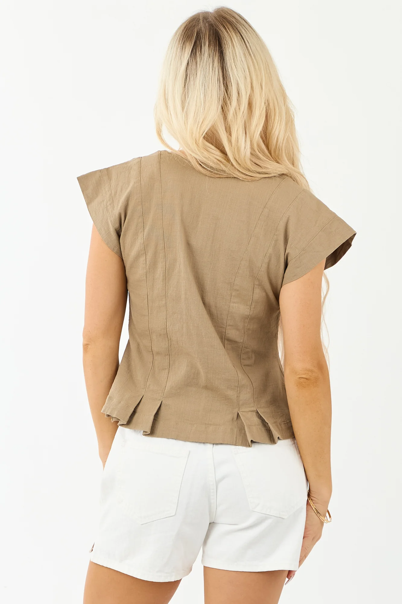Brown Pleated Hem Cotton V-Neck Short Sleeve Top