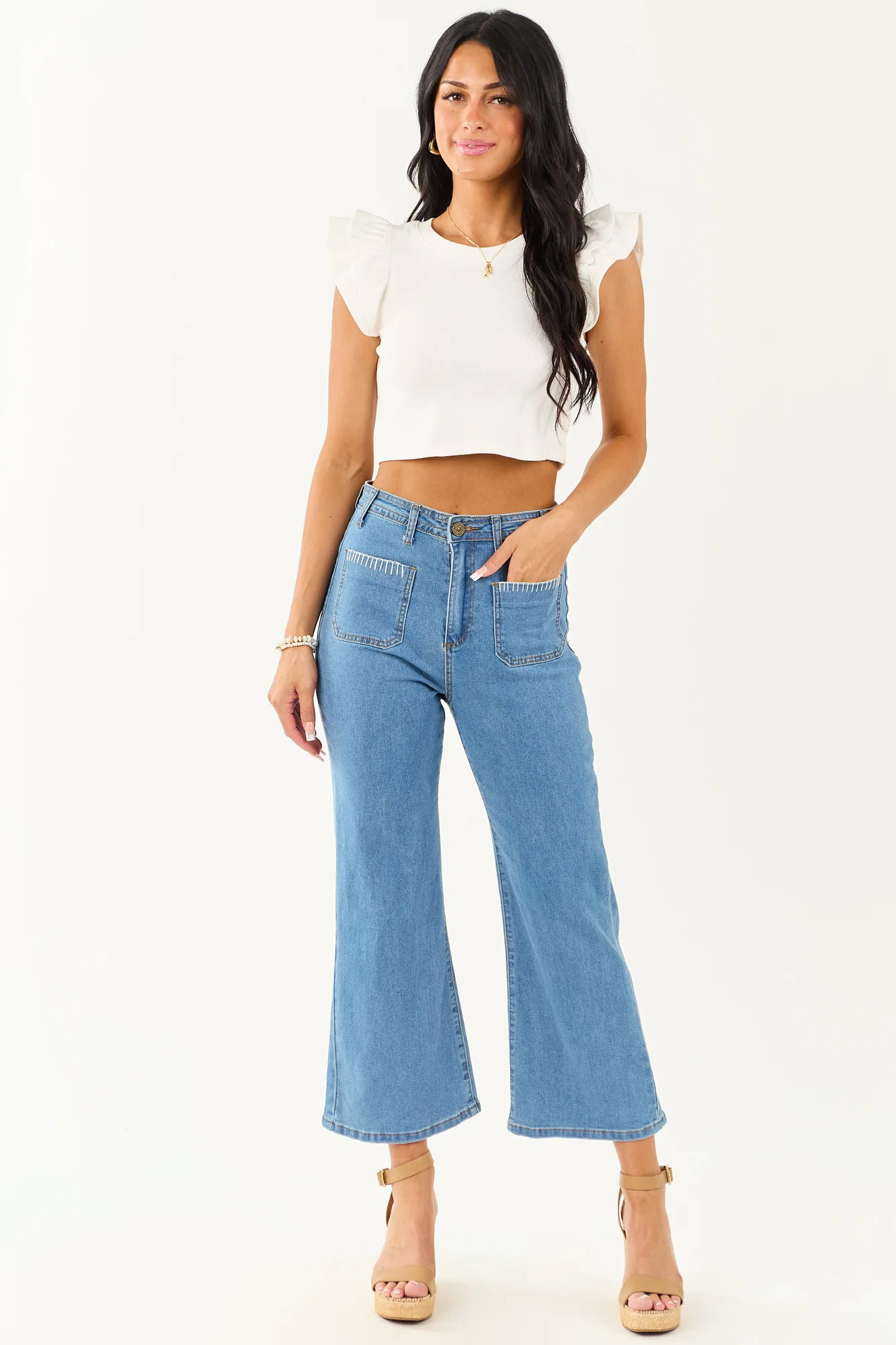 Denim Stretchy Crop Straight Pants in Medium Blue Wash