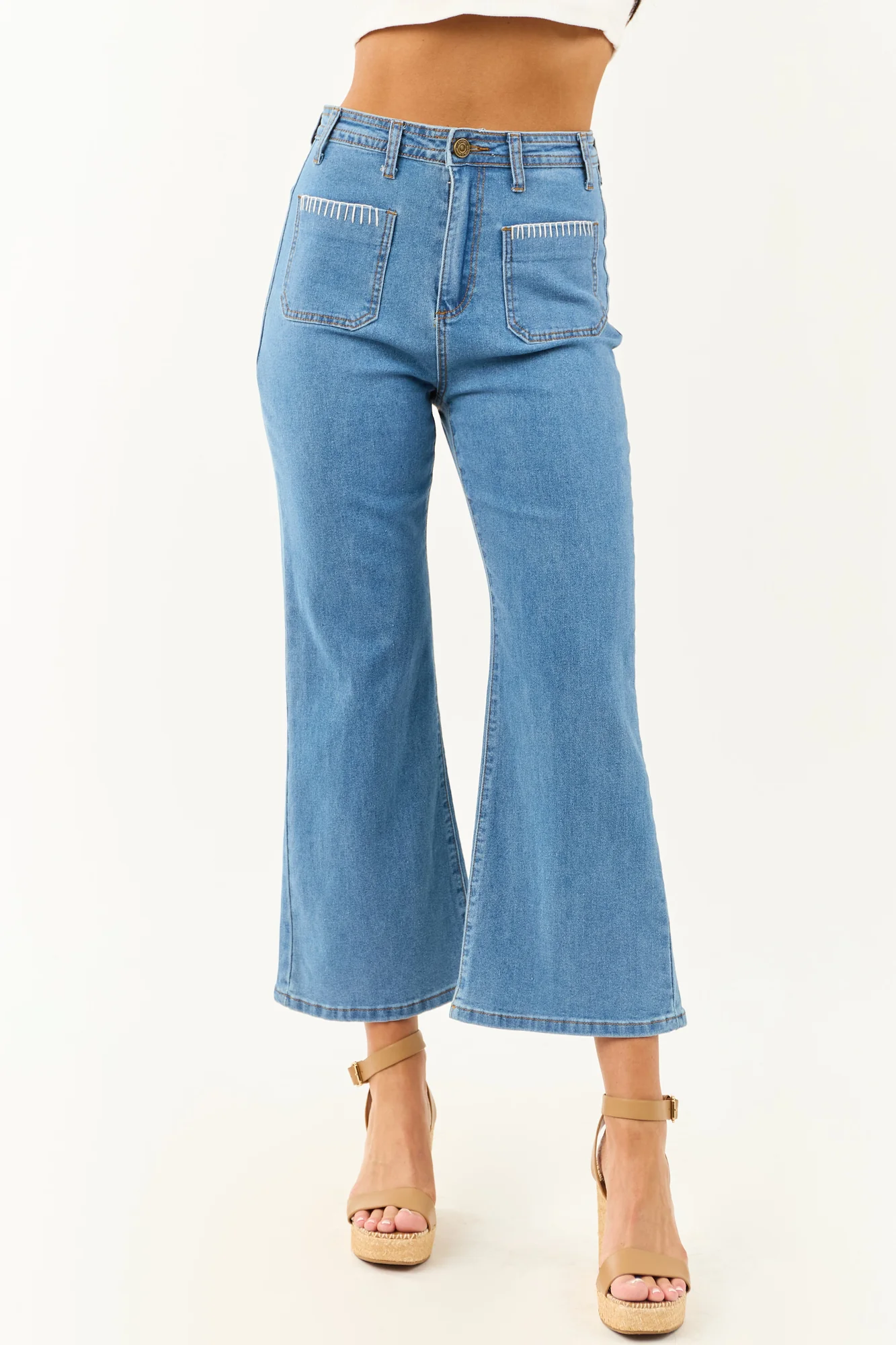 Denim Stretchy Crop Straight Pants in Medium Blue Wash