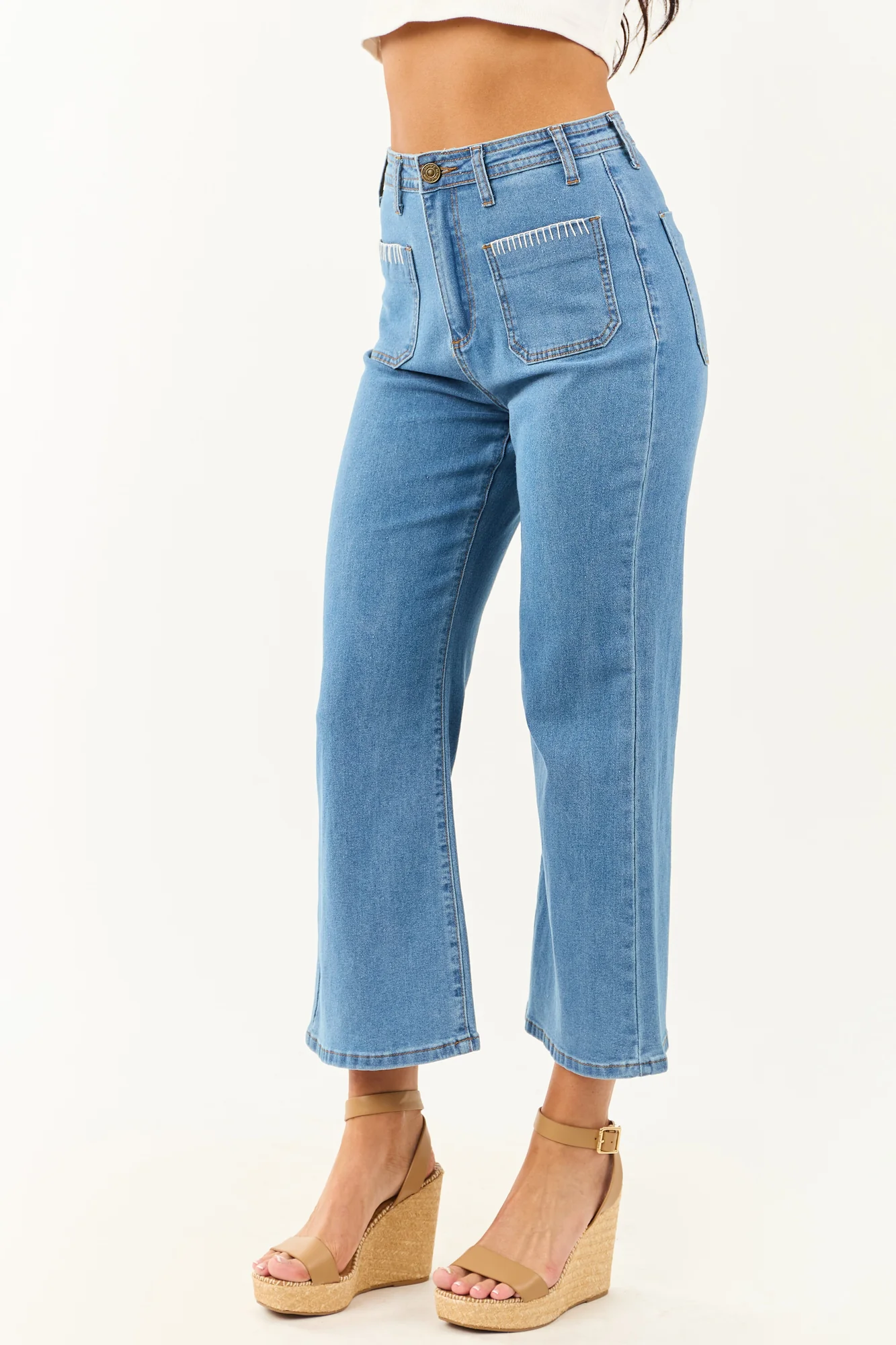 Denim Stretchy Crop Straight Pants in Medium Blue Wash