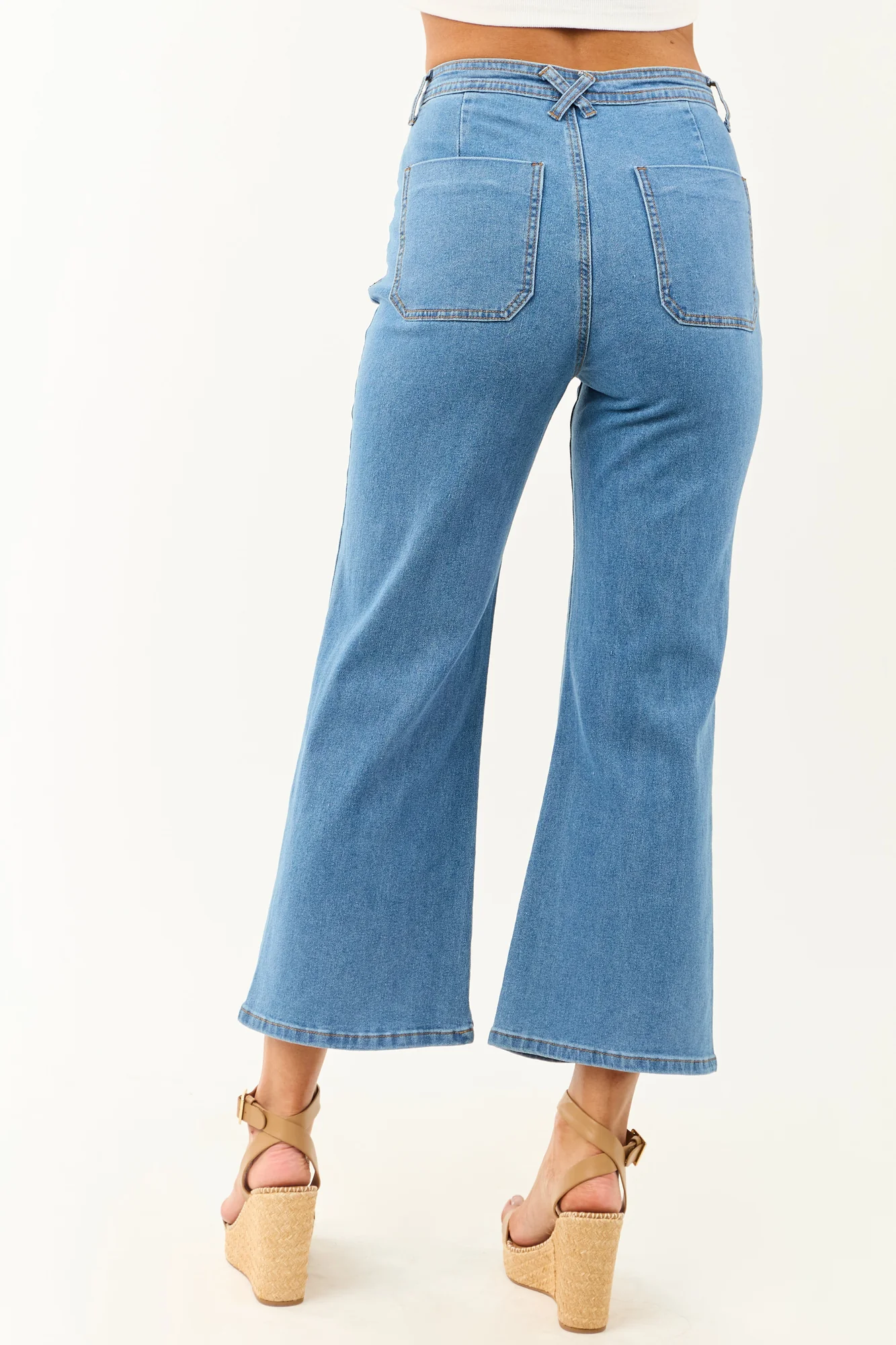 Denim Stretchy Crop Straight Pants in Medium Blue Wash
