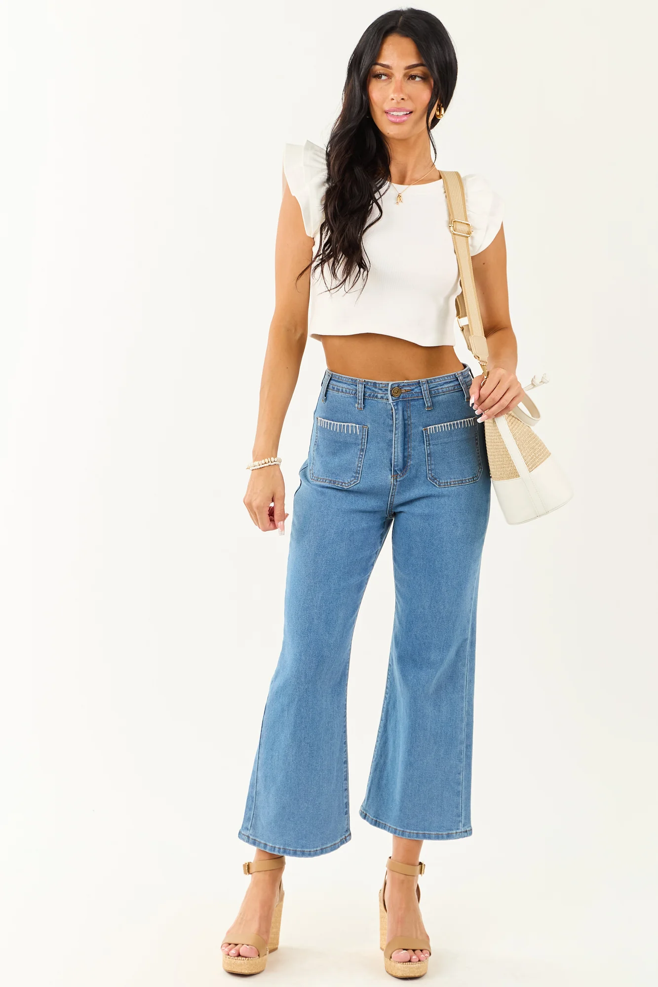 Denim Stretchy Crop Straight Pants in Medium Blue Wash
