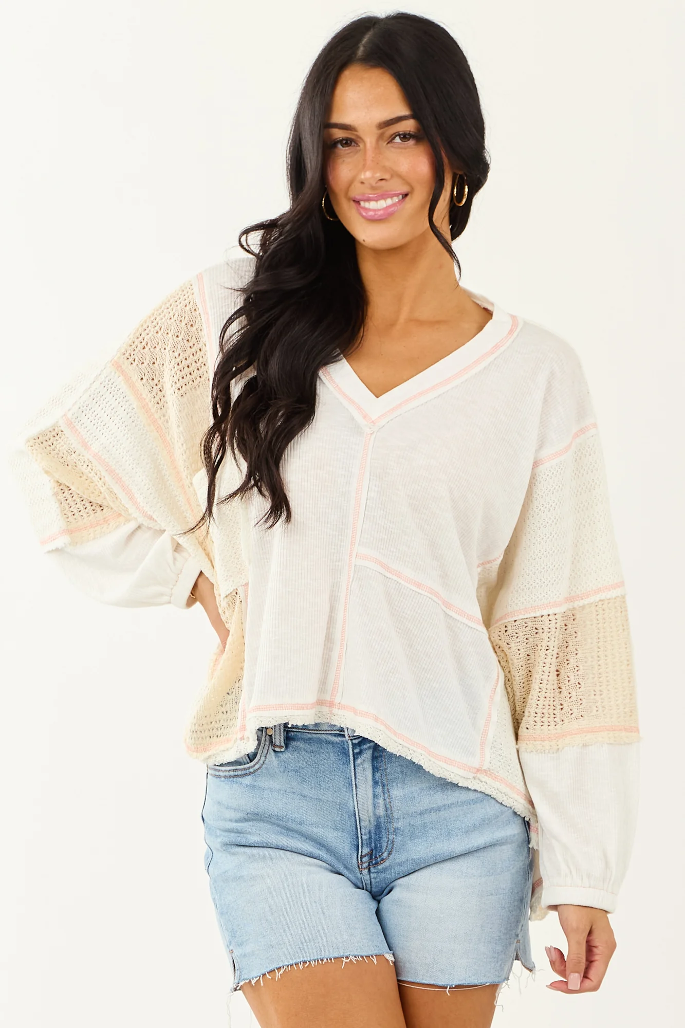 Contrast Knit Oversized Top in Cream and Baby Pink