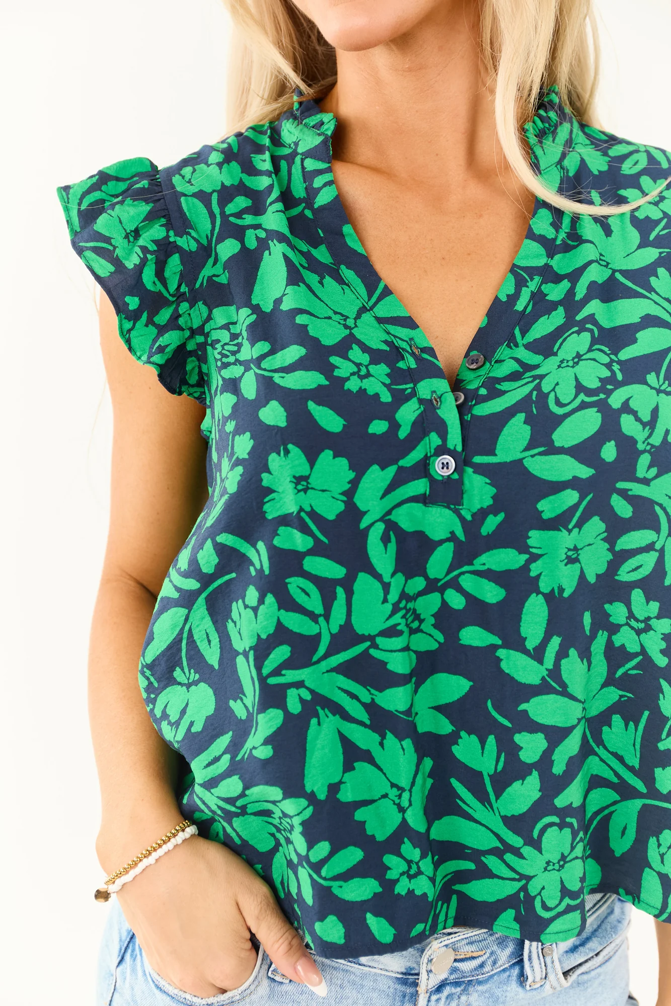 Floral Print Ruffle Sleeve Blouse in Navy & Jade for Women