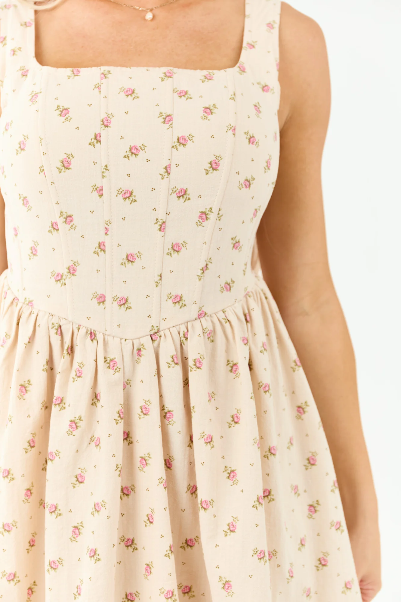 Floral Corset Mini Dress in Sand Cotton Fabric