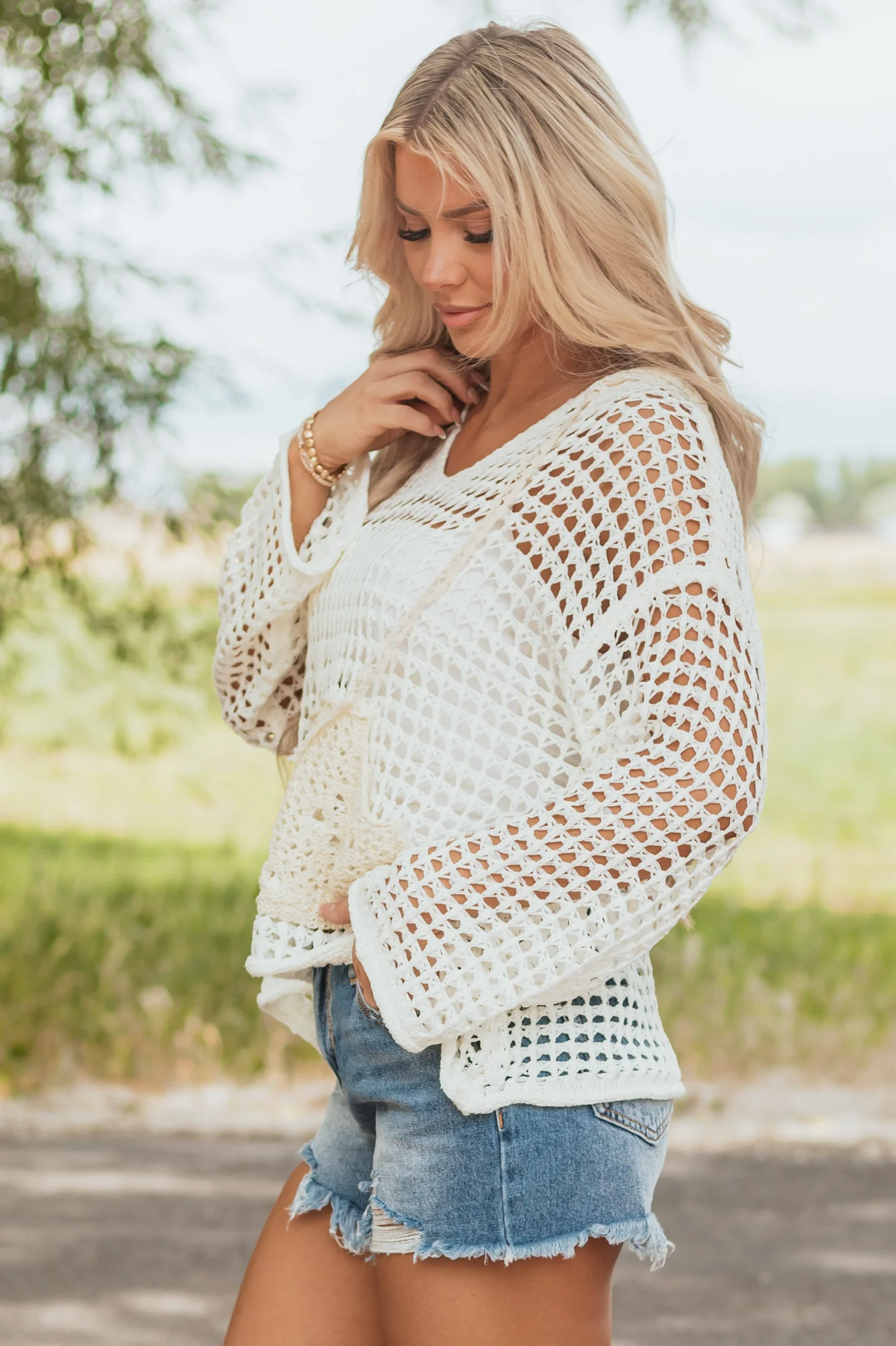 Cream Hooded Knit Top for Layering