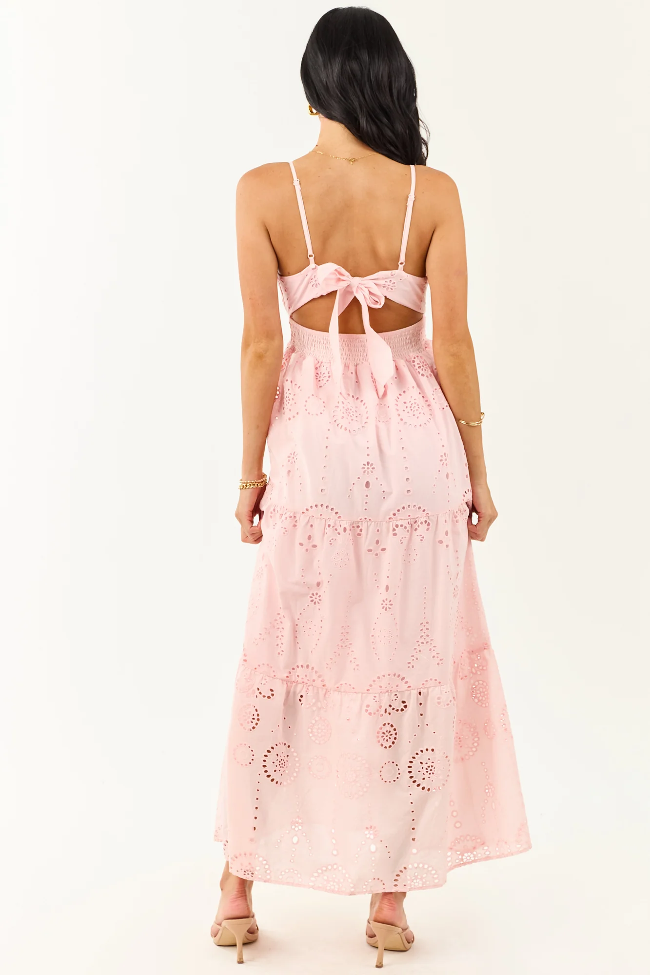 Blush Floral Eyelet Tiered Maxi Cotton Dress