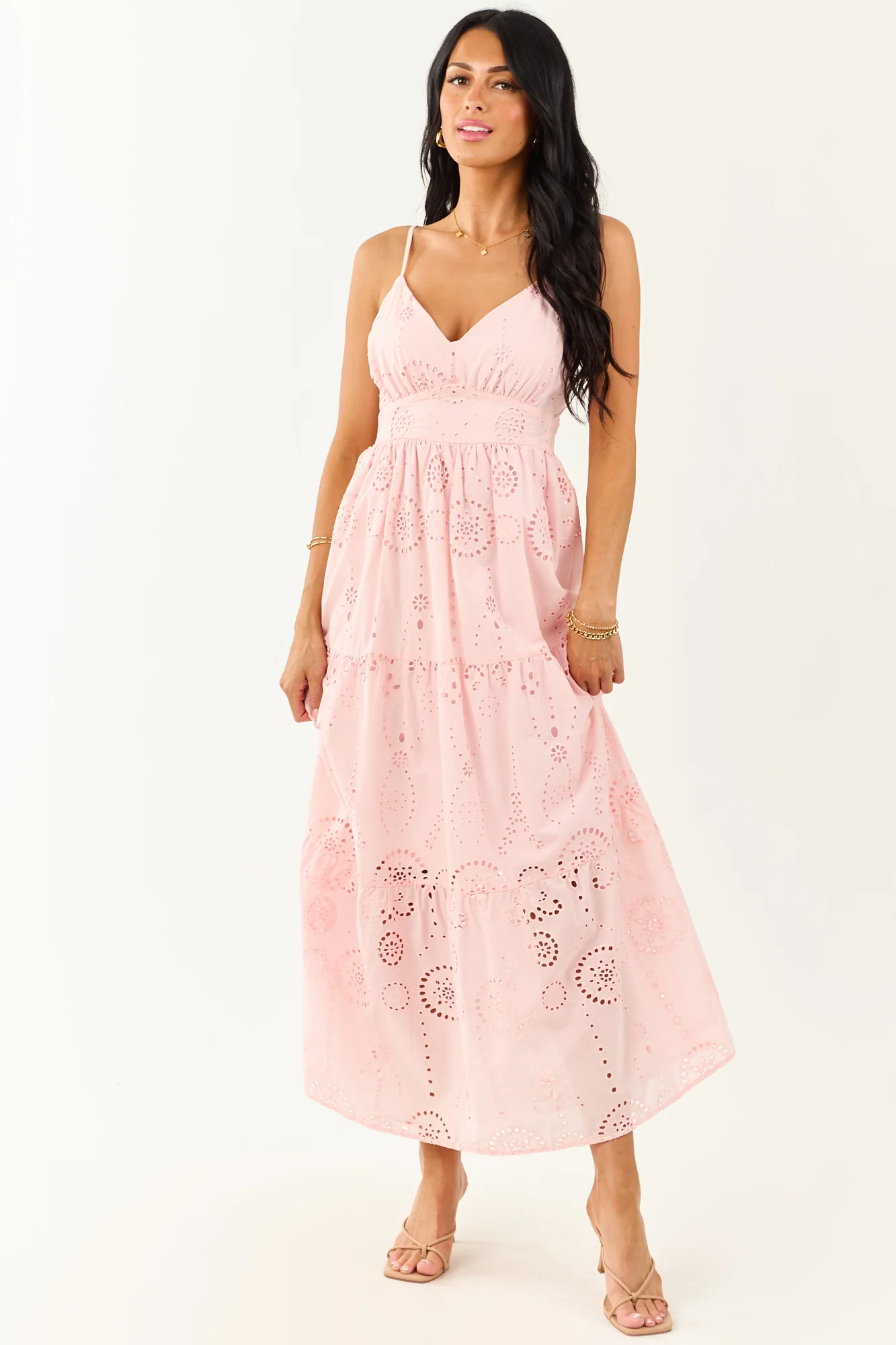 Blush Floral Eyelet Tiered Maxi Cotton Dress