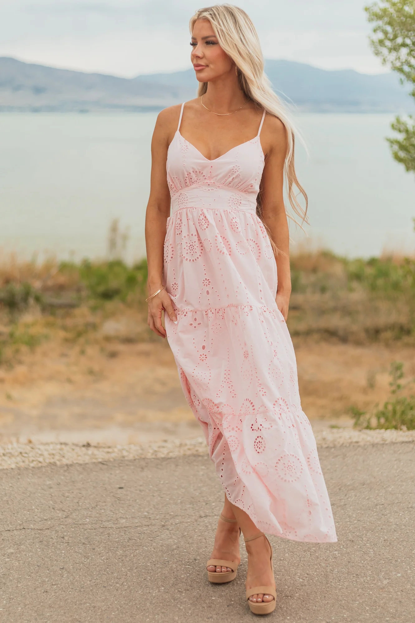 Blush Floral Eyelet Tiered Maxi Cotton Dress