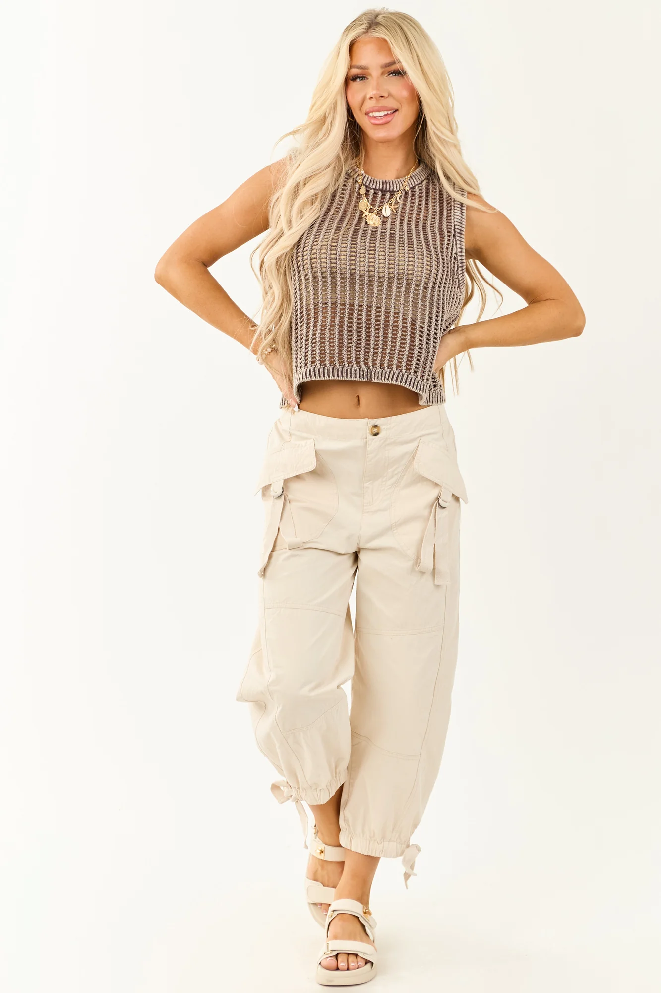 Neutral Mesh Cropped Sleeveless Top