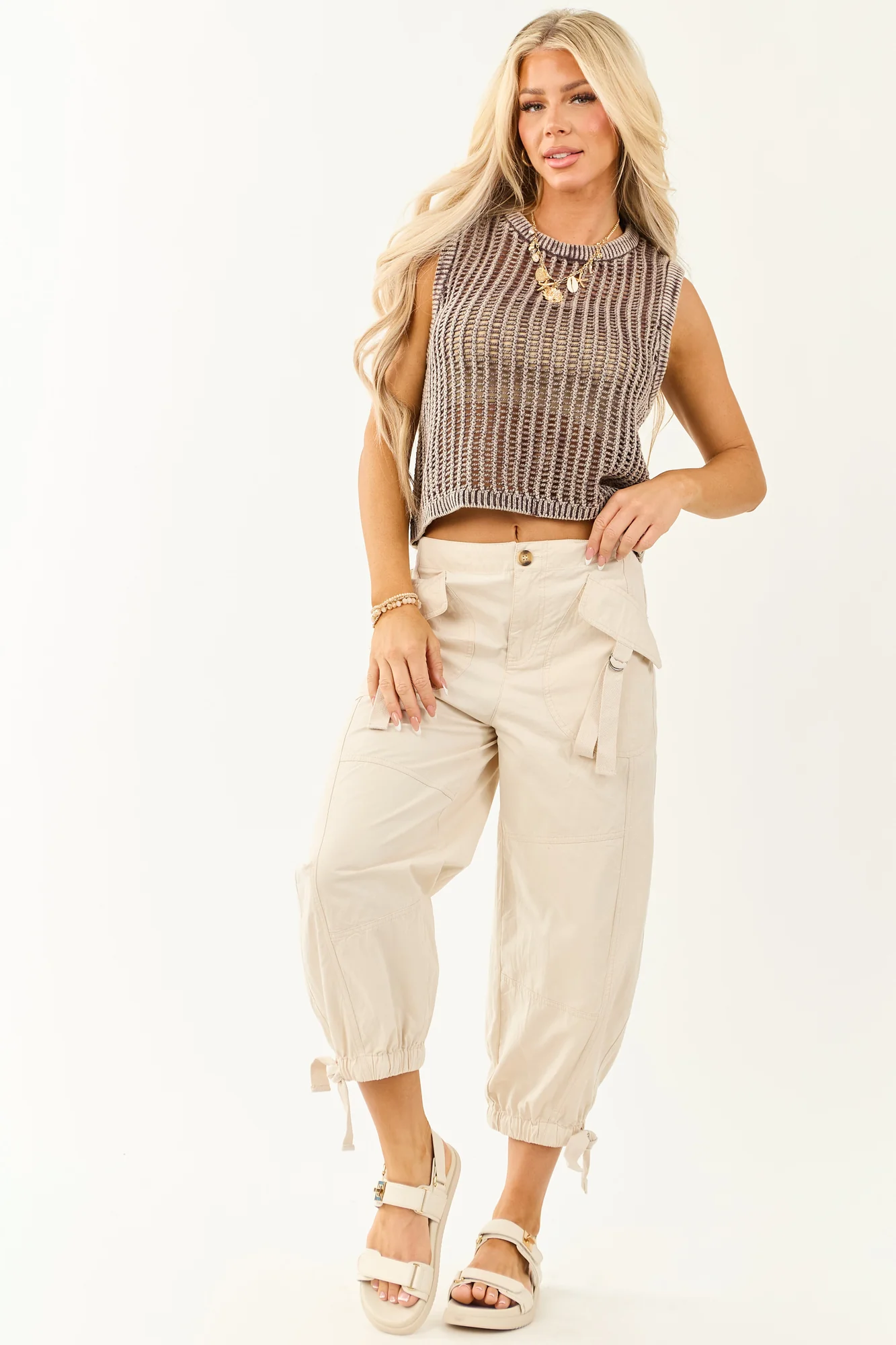 Neutral Mesh Cropped Sleeveless Top